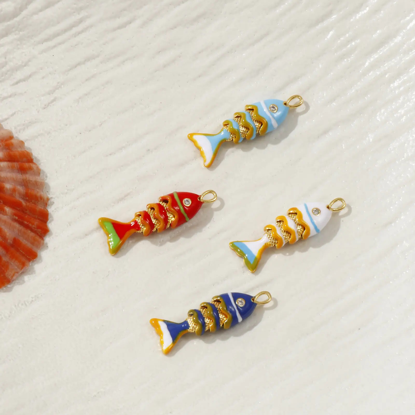 1 Piece New Brass Ocean Jewelry Charms 18K Gold Plated Enamel Fish Animal Movable Clear Cubic Zirconia Pendant DIY 28mm x 9mm