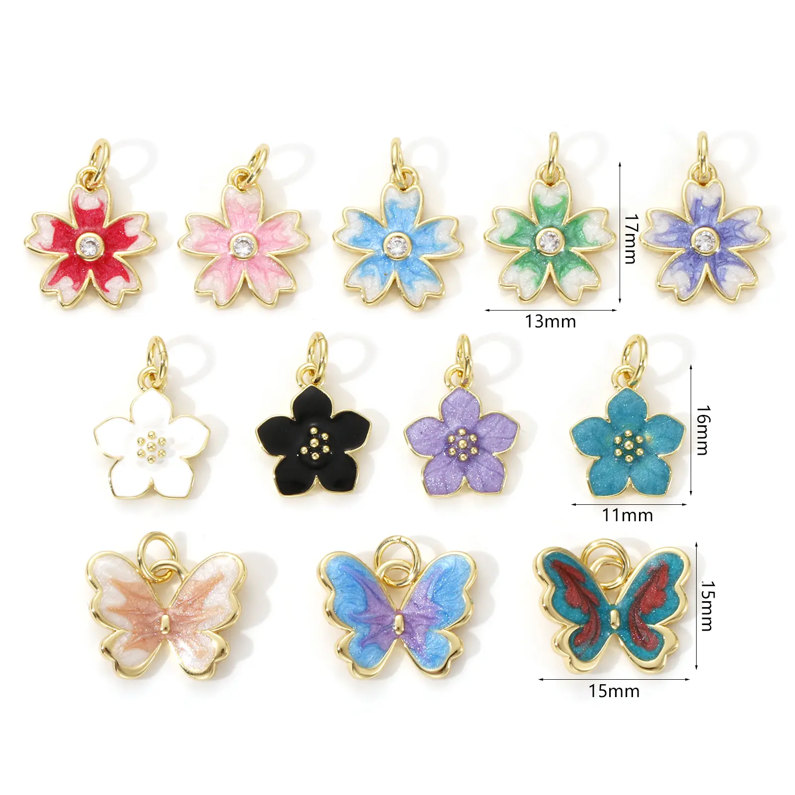 2 Piece Brass Charms 18K Real Gold Plated Multicolor Enamel Flower Butterfly Pendants For DIY Necklace Bracelet Jewerly Making
