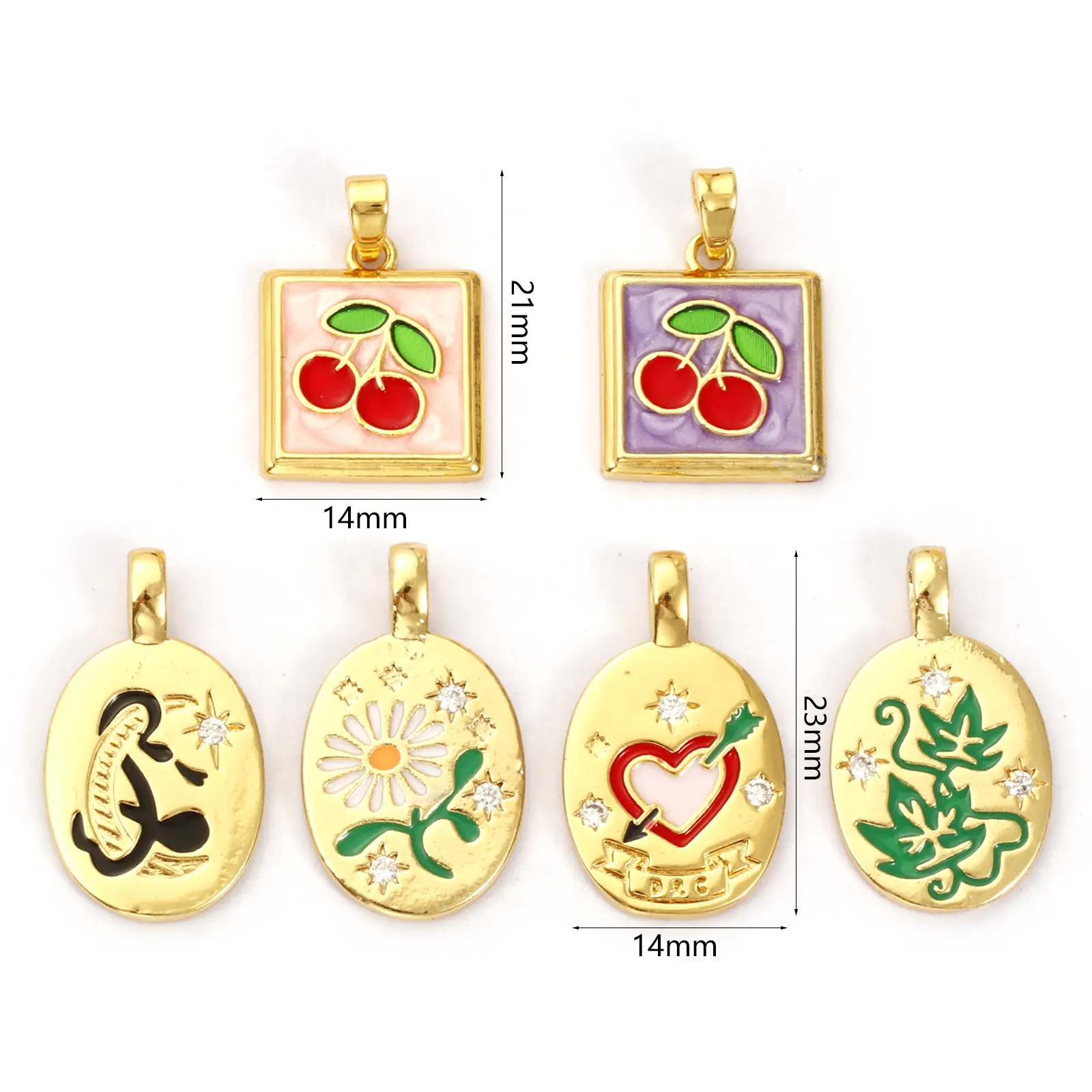 2 PCs Brass Charms 18K Gold Plated Enamel Square Cherry Oval Star Flower Star Leaf Pendants For DIY Necklace Jewelry Making