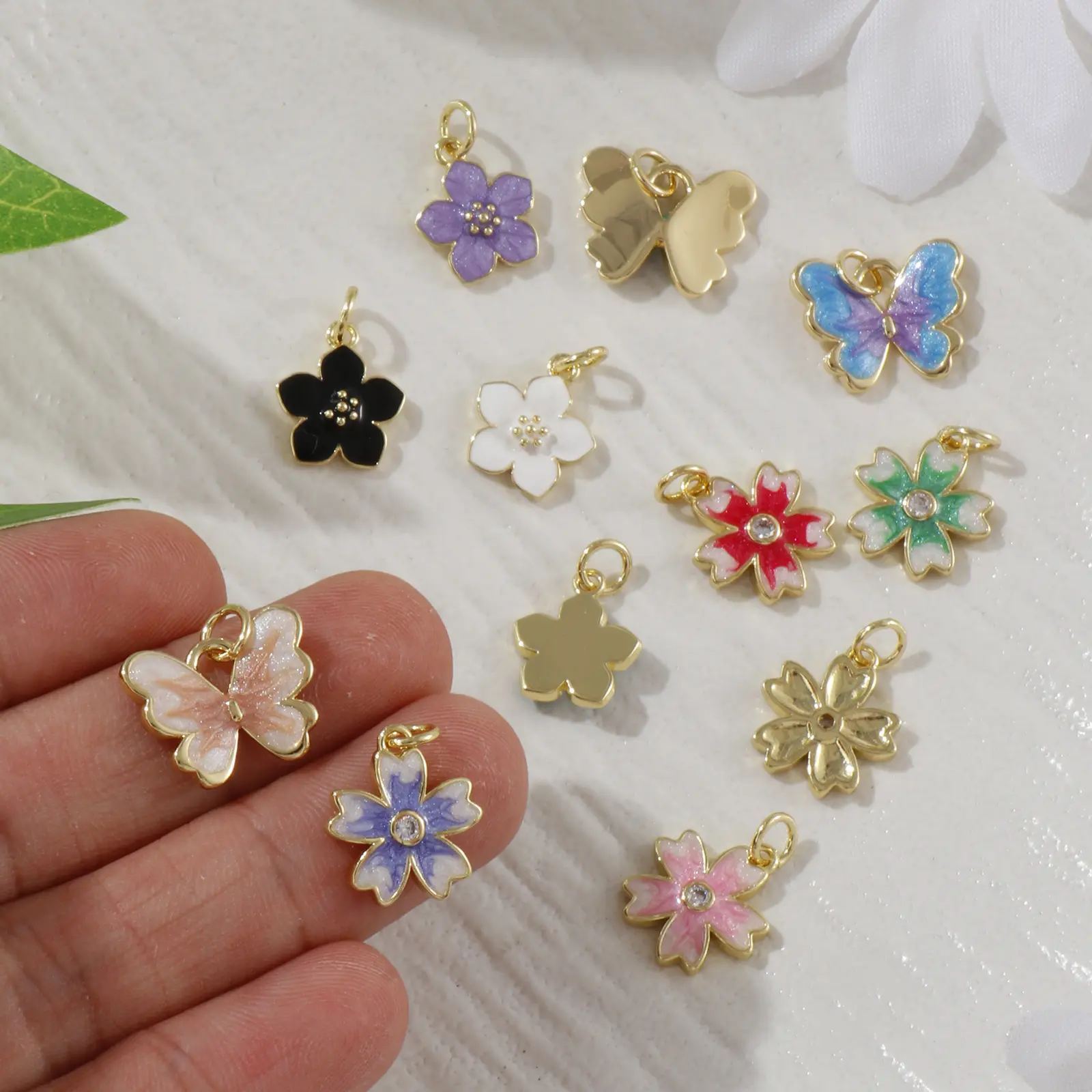 2 Piece Brass Charms 18K Real Gold Plated Multicolor Enamel Flower Butterfly Pendants For DIY Necklace Bracelet Jewerly Making