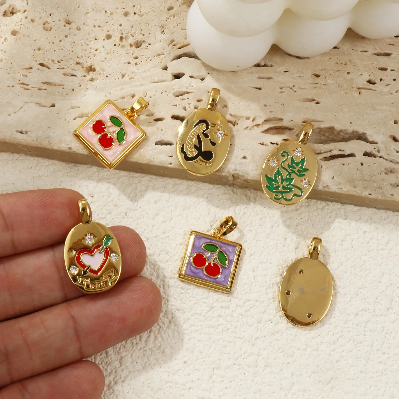 2 PCs Brass Charms 18K Gold Plated Enamel Square Cherry Oval Star Flower Star Leaf Pendants For DIY Necklace Jewelry Making