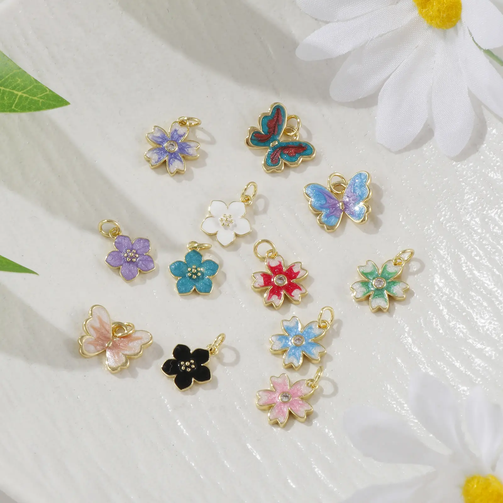 2 Piece Brass Charms 18K Real Gold Plated Multicolor Enamel Flower Butterfly Pendants For DIY Necklace Bracelet Jewerly Making
