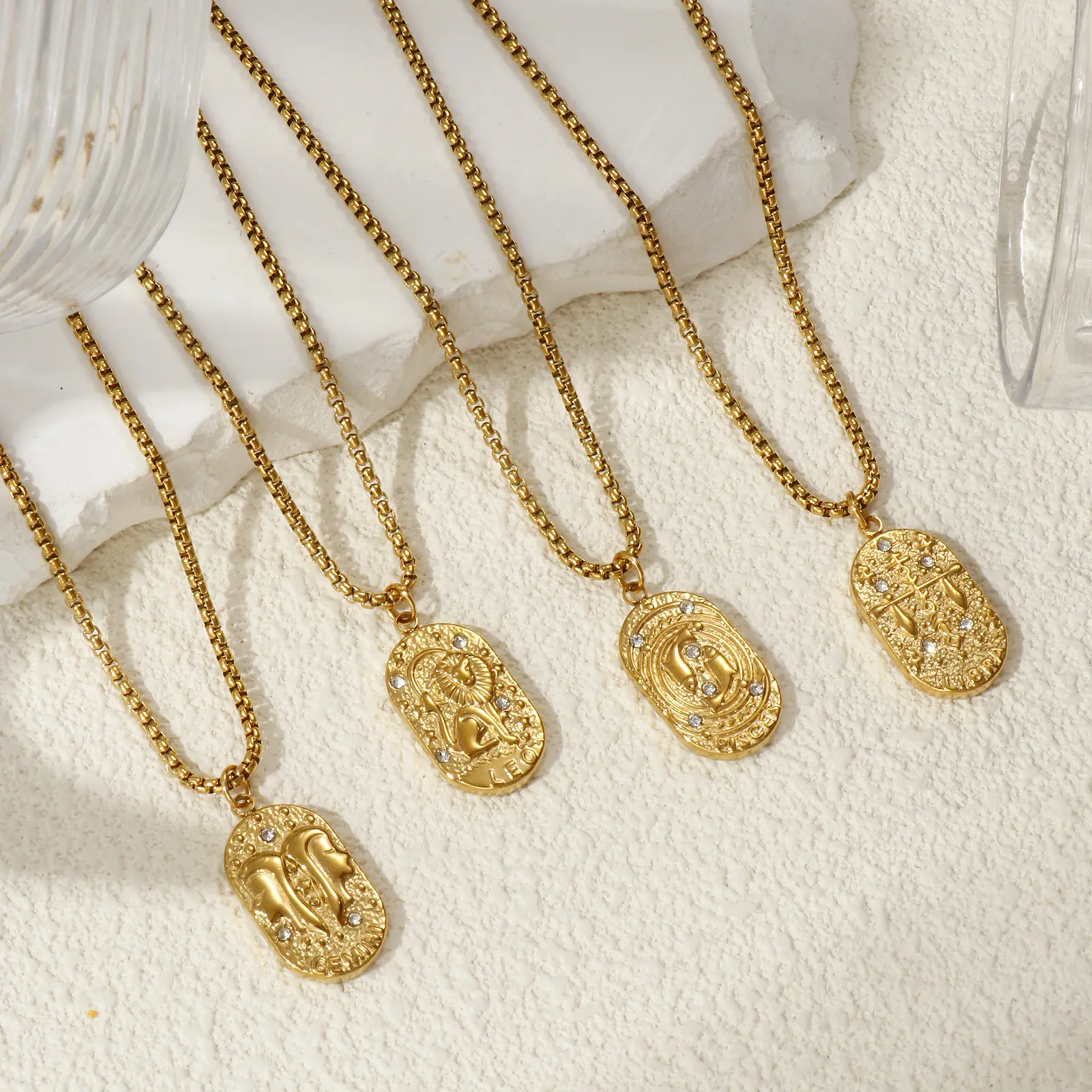 18K Gold Plated Box Chain Oval Constellation Pendant Charm Necklace 304 Stainless Steel Clear Cubic Zirconia Exquisite Gift