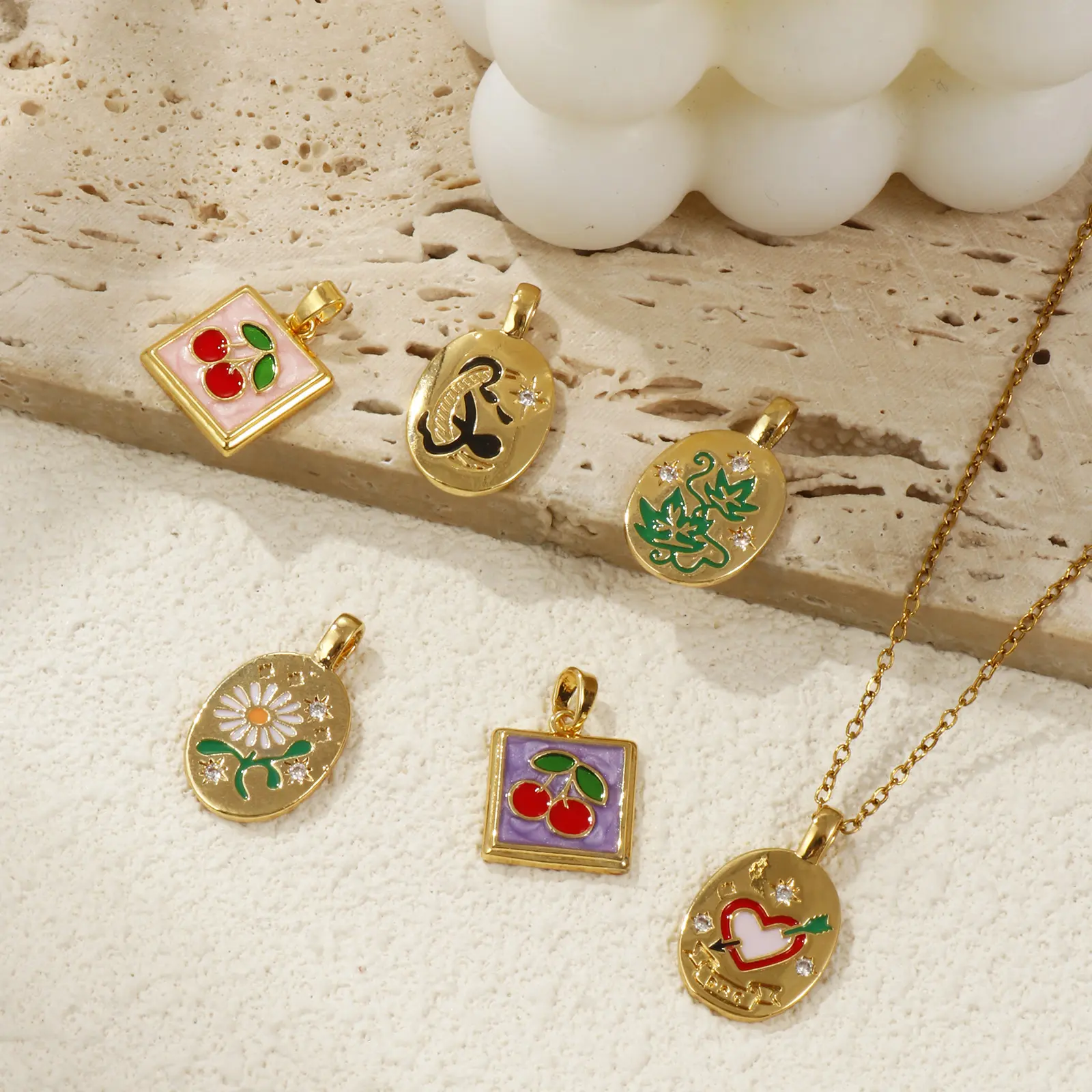 2 PCs Brass Charms 18K Gold Plated Enamel Square Cherry Oval Star Flower Star Leaf Pendants For DIY Necklace Jewelry Making