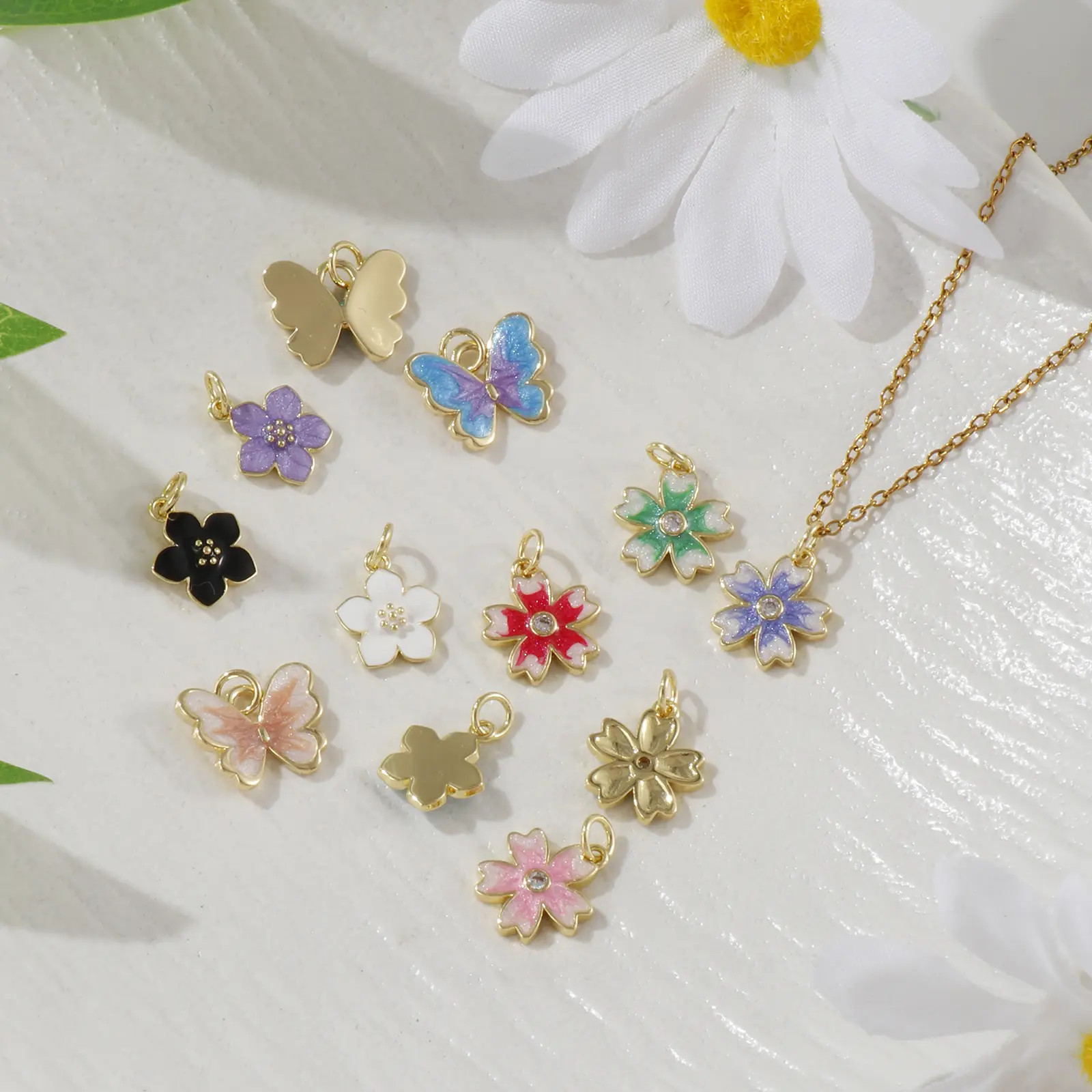 2 Piece Brass Charms 18K Real Gold Plated Multicolor Enamel Flower Butterfly Pendants For DIY Necklace Bracelet Jewerly Making