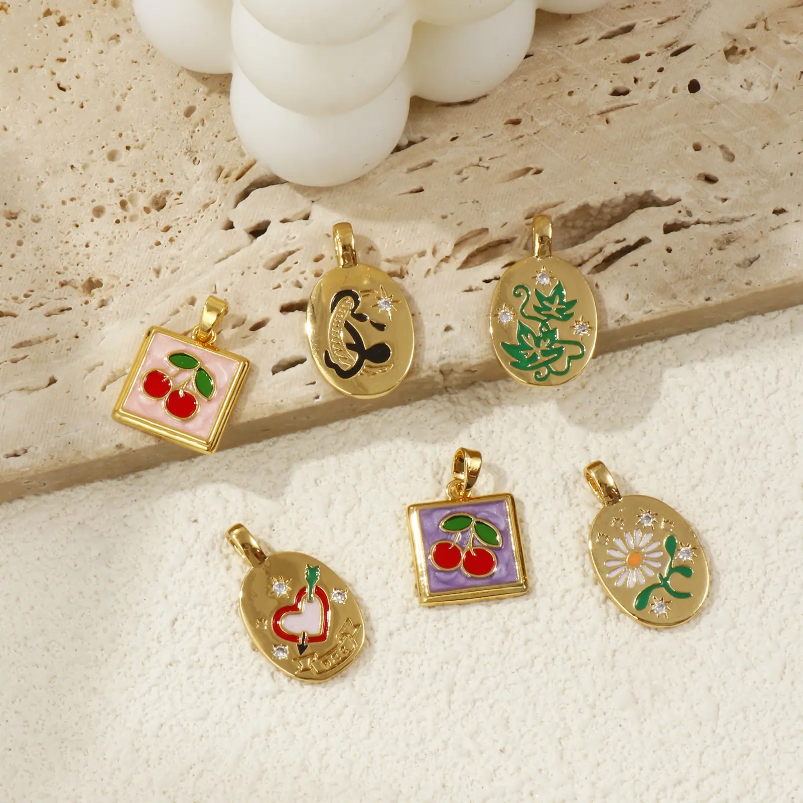 2 PCs Brass Charms 18K Gold Plated Enamel Square Cherry Oval Star Flower Star Leaf Pendants For DIY Necklace Jewelry Making