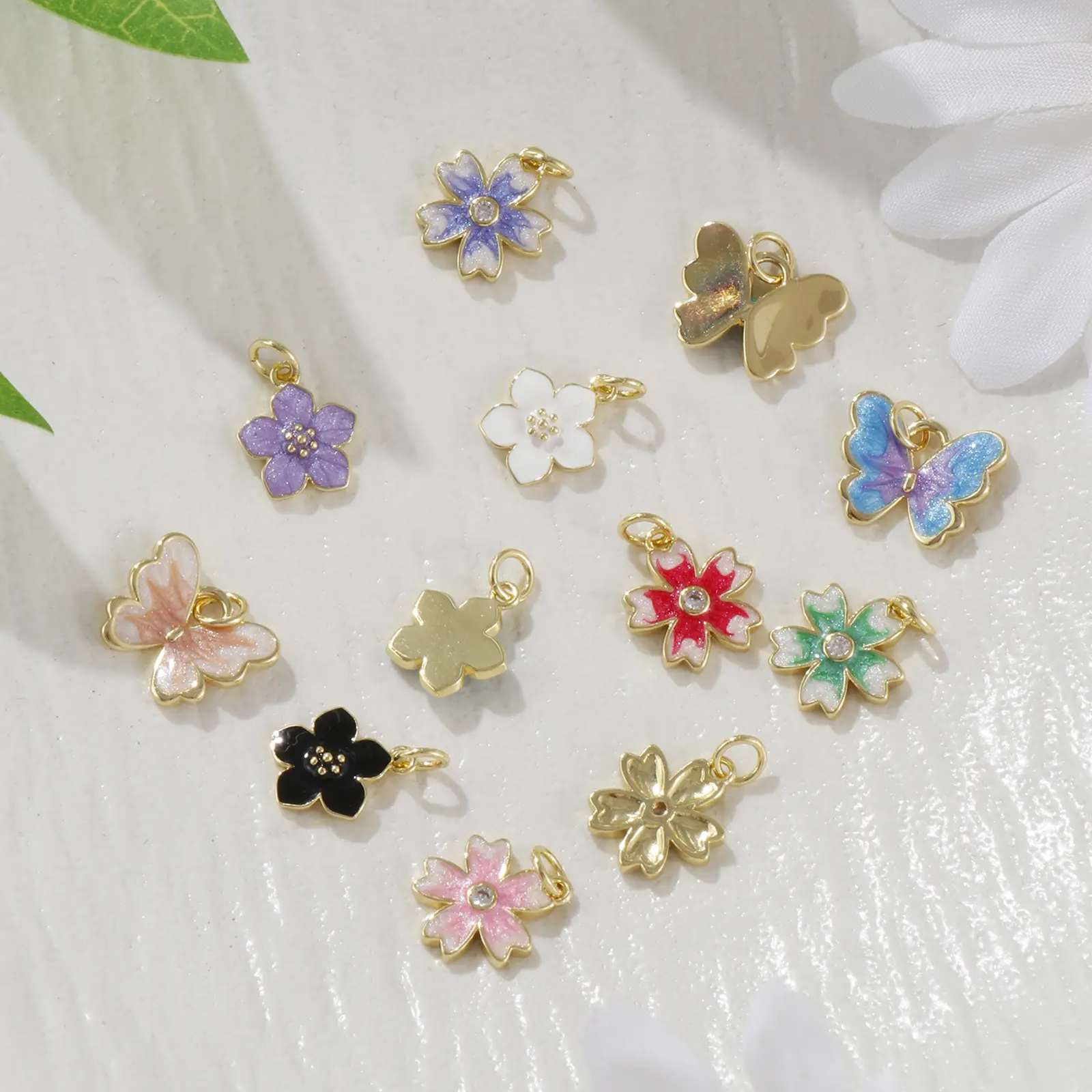 2 Piece Brass Charms 18K Real Gold Plated Multicolor Enamel Flower Butterfly Pendants For DIY Necklace Bracelet Jewerly Making