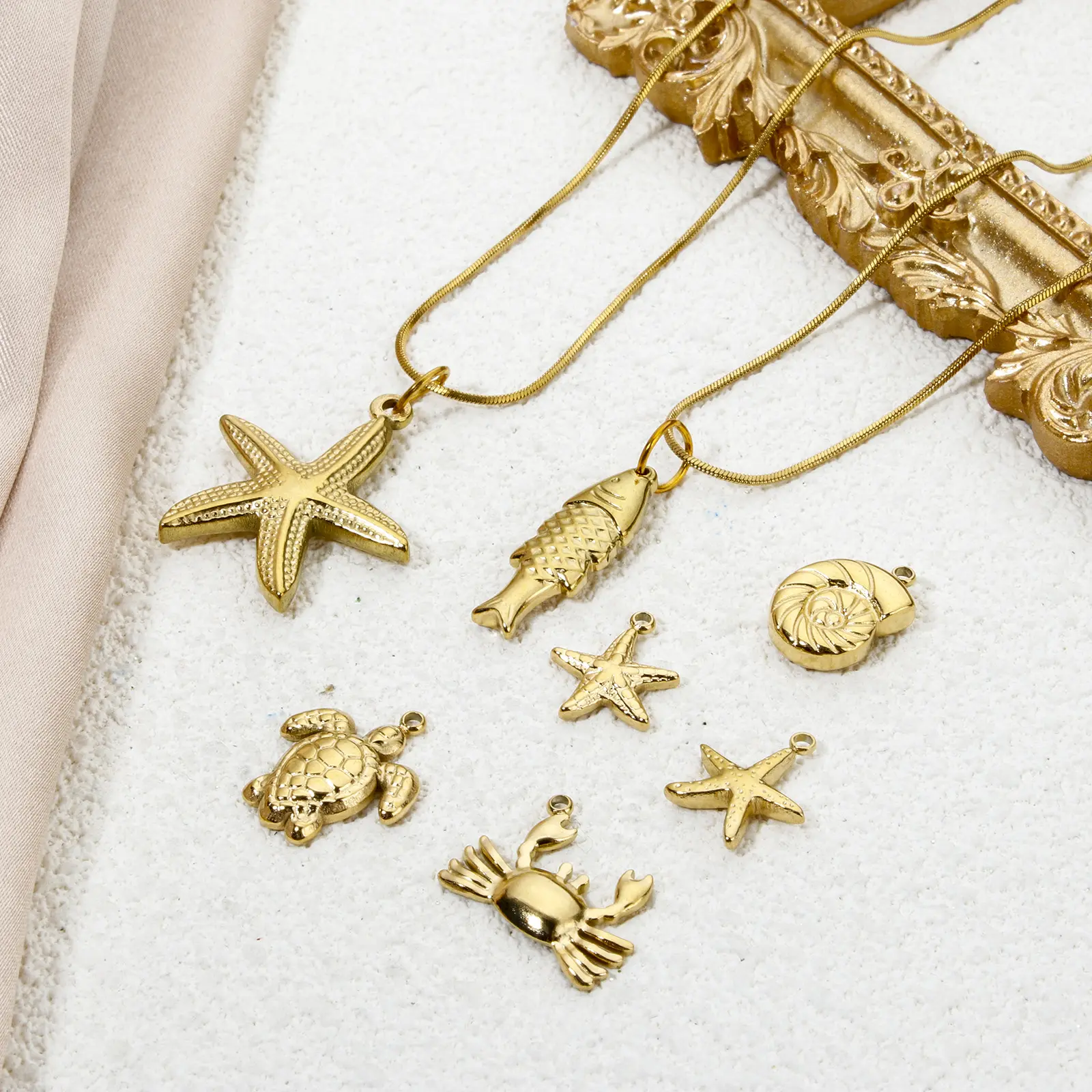 2 PCs 304 Stainless Steel Ocean Jewelry Charms For DIY Jewerly Making Gold Color Tortoise Animal Star Fish Crab Necklace Finding