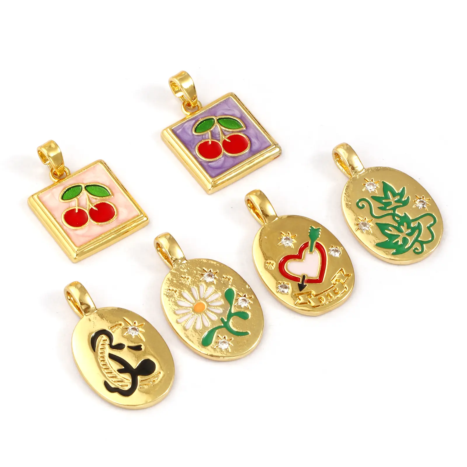 2 PCs Brass Charms 18K Gold Plated Enamel Square Cherry Oval Star Flower Star Leaf Pendants For DIY Necklace Jewelry Making