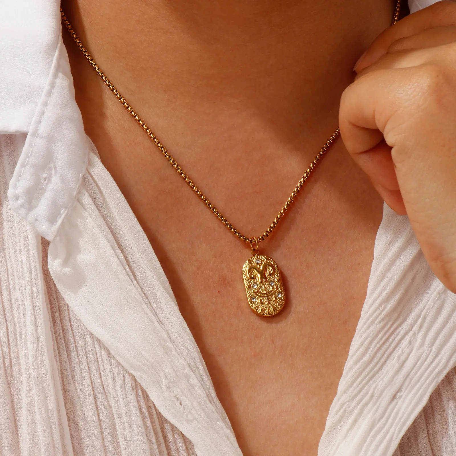 18K Gold Plated Box Chain Oval Constellation Pendant Charm Necklace 304 Stainless Steel Clear Cubic Zirconia Exquisite Gift