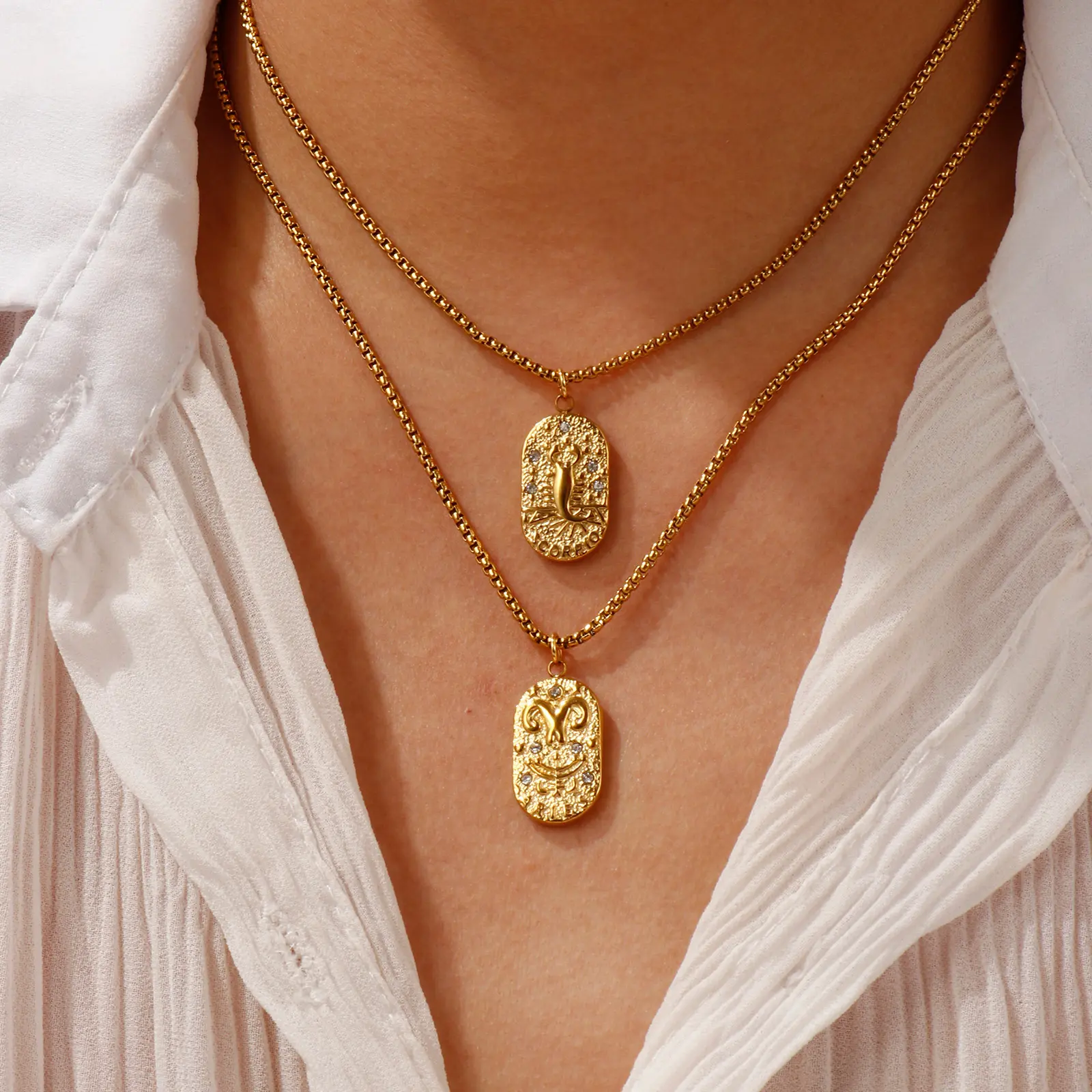 18K Gold Plated Box Chain Oval Constellation Pendant Charm Necklace 304 Stainless Steel Clear Cubic Zirconia Exquisite Gift