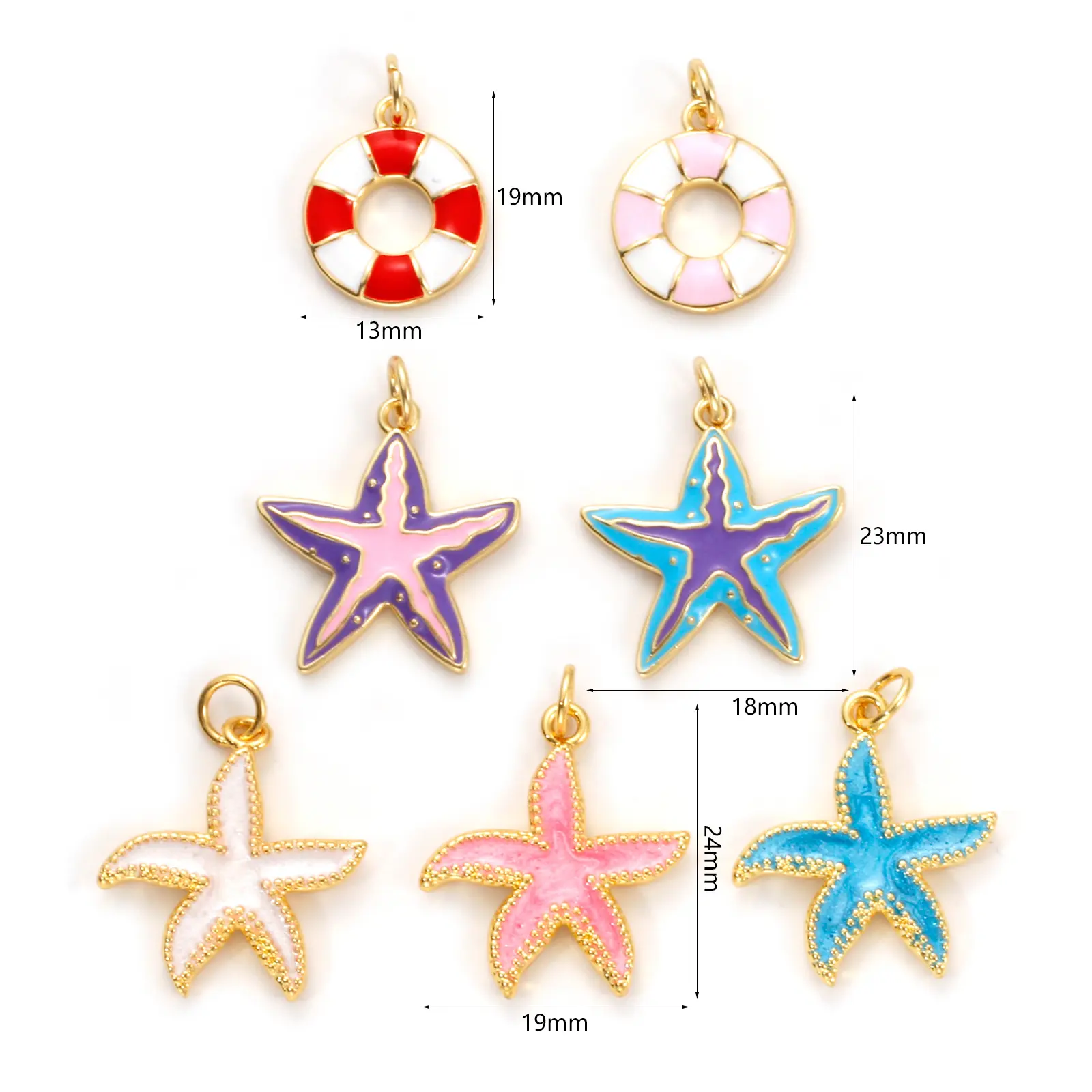 2 Pcs Ocean Jewelry Starfish Charms 18K Real Gold Plated Multicolor Enamel Lifebuoy Star Fish Sea Pendants For DIY Necklace DIY