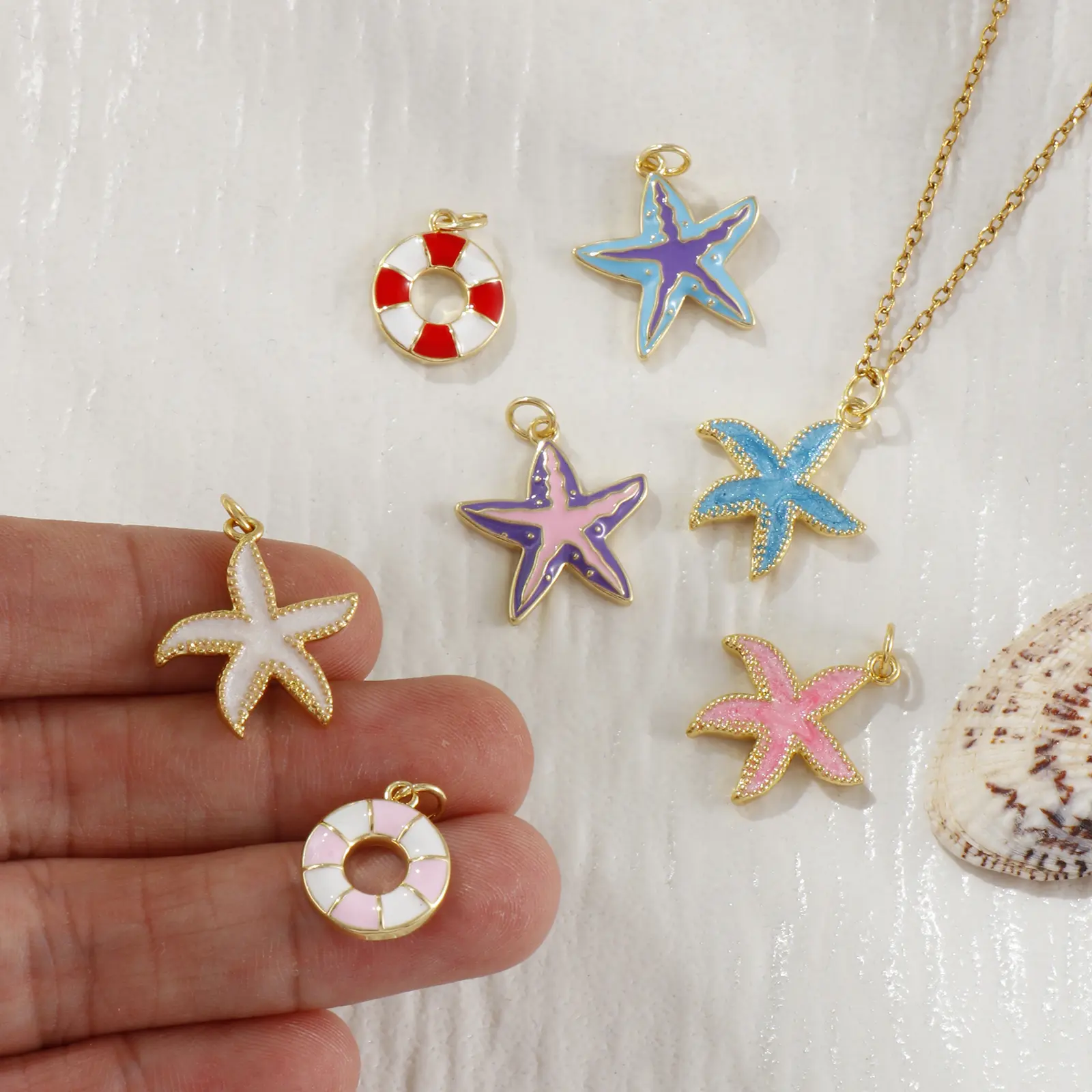 2 Pcs Ocean Jewelry Starfish Charms 18K Real Gold Plated Multicolor Enamel Lifebuoy Star Fish Sea Pendants For DIY Necklace DIY