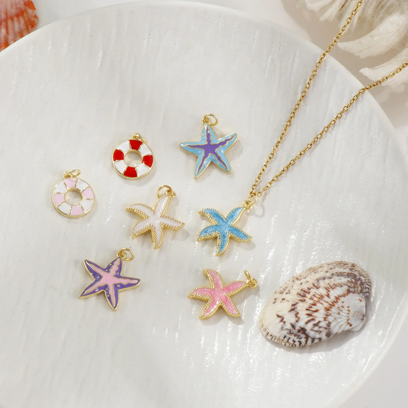 2 Pcs Ocean Jewelry Starfish Charms 18K Real Gold Plated Multicolor Enamel Lifebuoy Star Fish Sea Pendants For DIY Necklace DIY