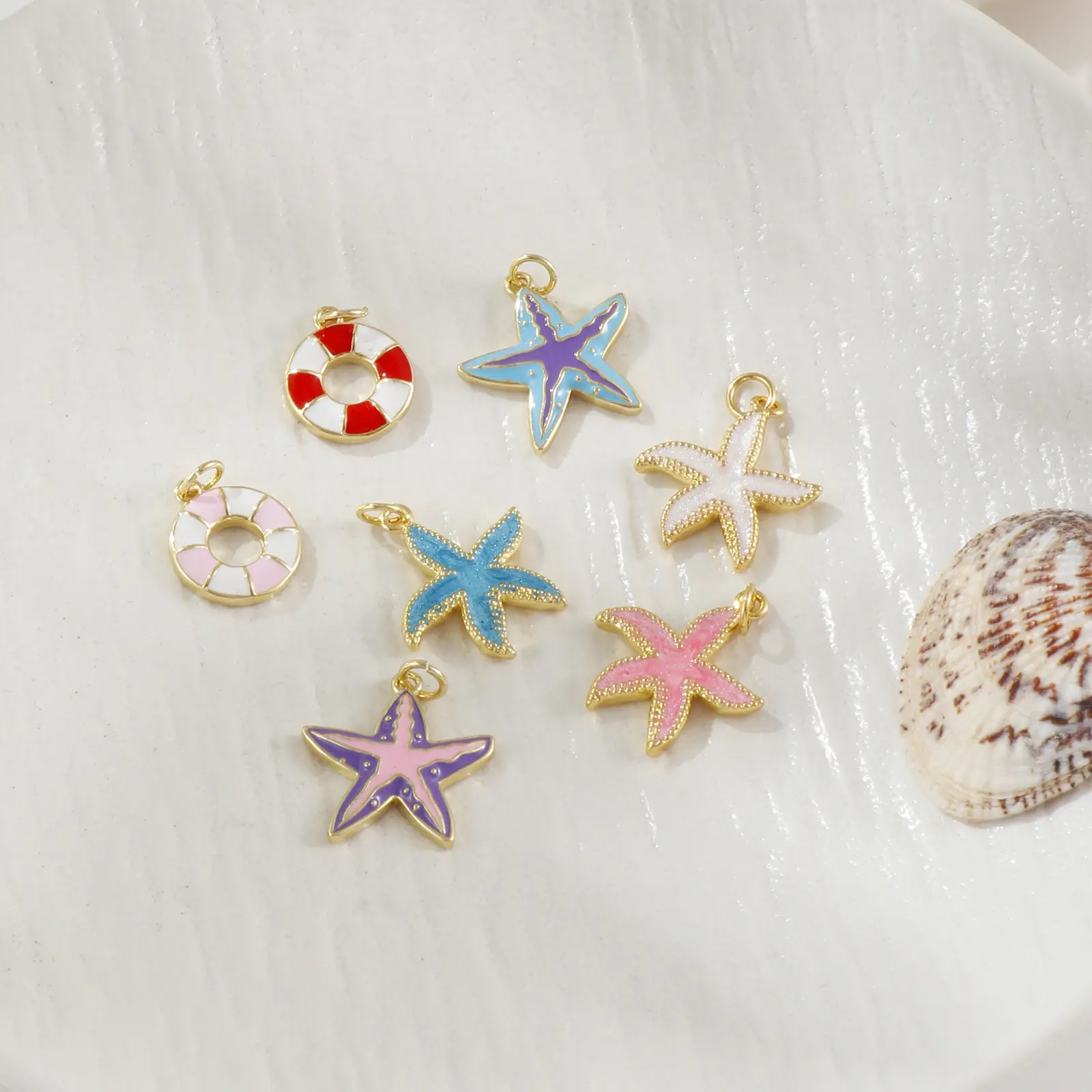 2 Pcs Ocean Jewelry Starfish Charms 18K Real Gold Plated Multicolor Enamel Lifebuoy Star Fish Sea Pendants For DIY Necklace DIY