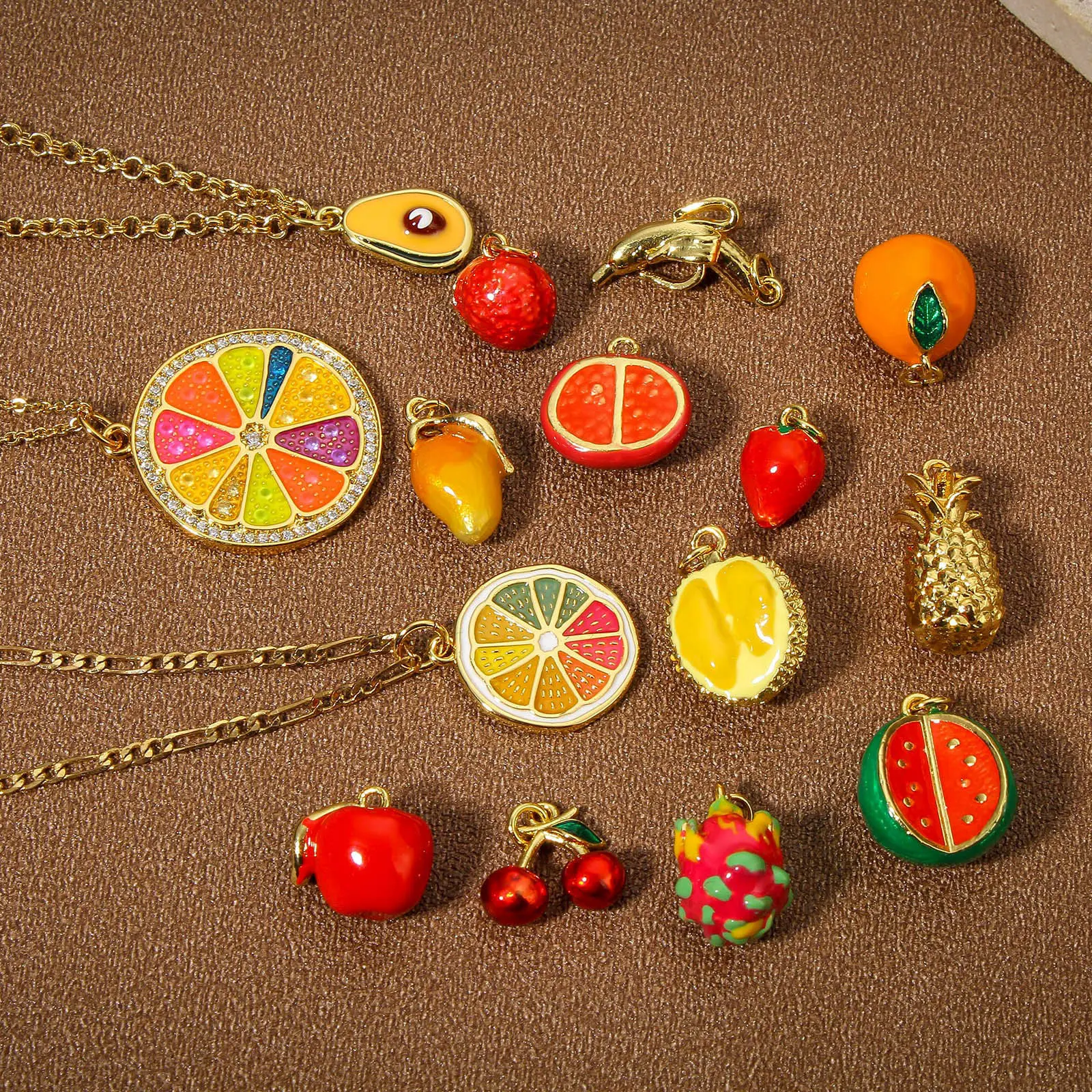 1 Piece 3D Fruits Charms For Jewelry Making 18K Real Gold Color Enamel Mango Orange Banana Strawberry Pendant Necklace DIY