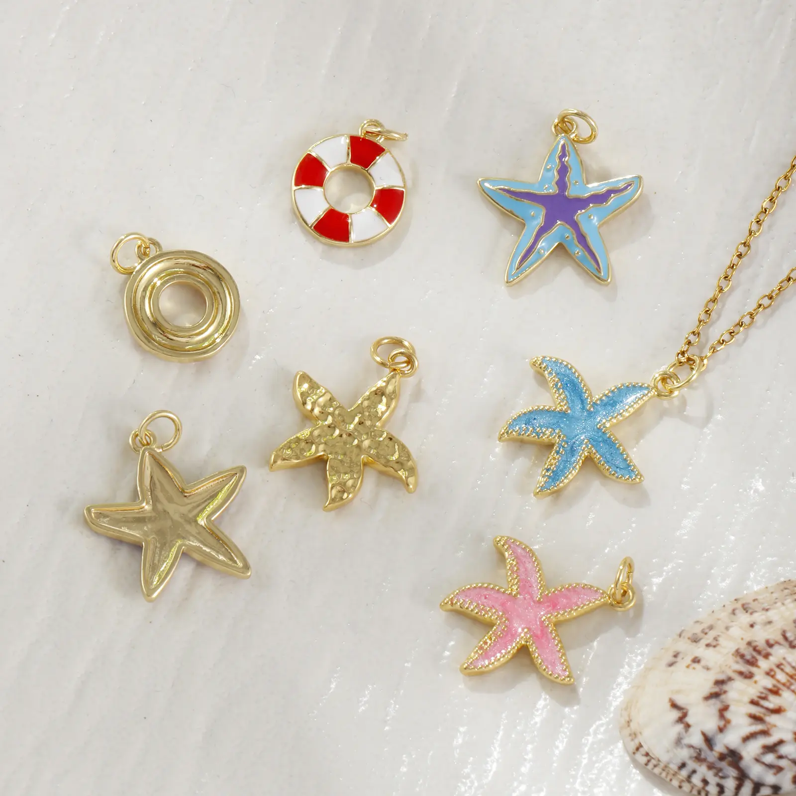 2 Pcs Ocean Jewelry Starfish Charms 18K Real Gold Plated Multicolor Enamel Lifebuoy Star Fish Sea Pendants For DIY Necklace DIY