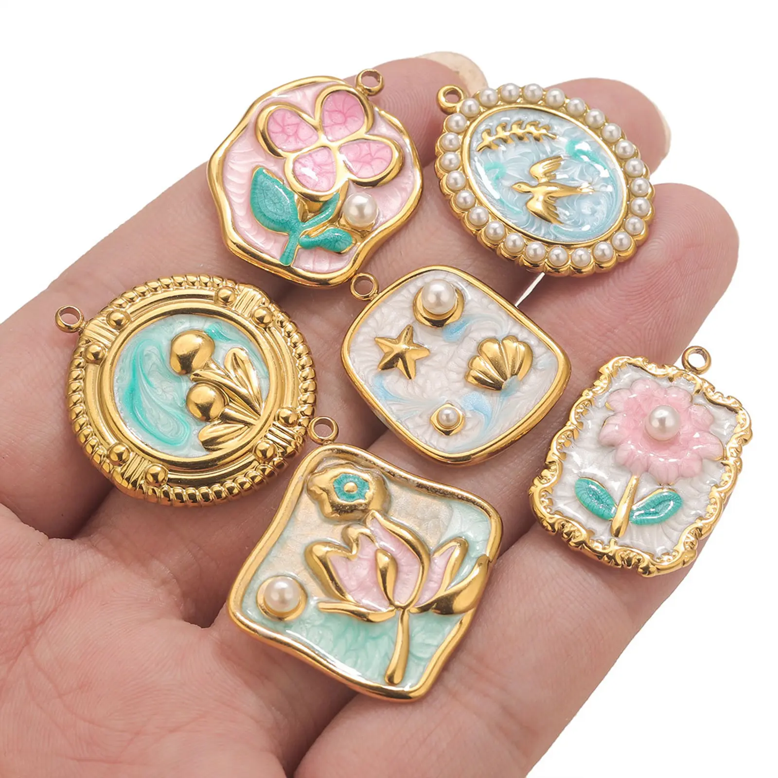 2 Pcs 304 Stainless Steel Charms Enamel Lotus Flowers Starfish Birds Sun Pendants For Diy Necklace Bracelet Jewelry Making