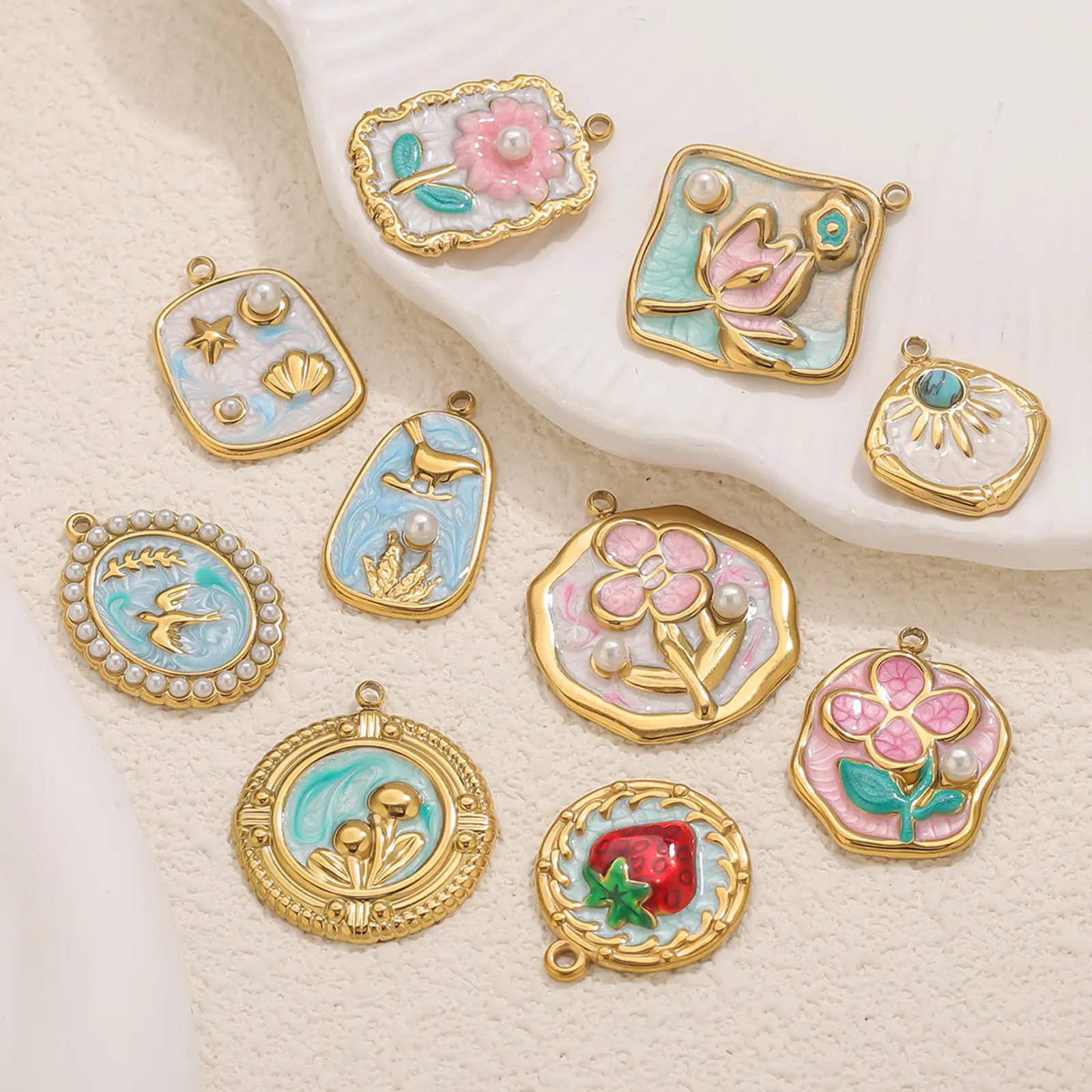2 Pcs 304 Stainless Steel Charms Enamel Lotus Flowers Starfish Birds Sun Pendants For Diy Necklace Bracelet Jewelry Making