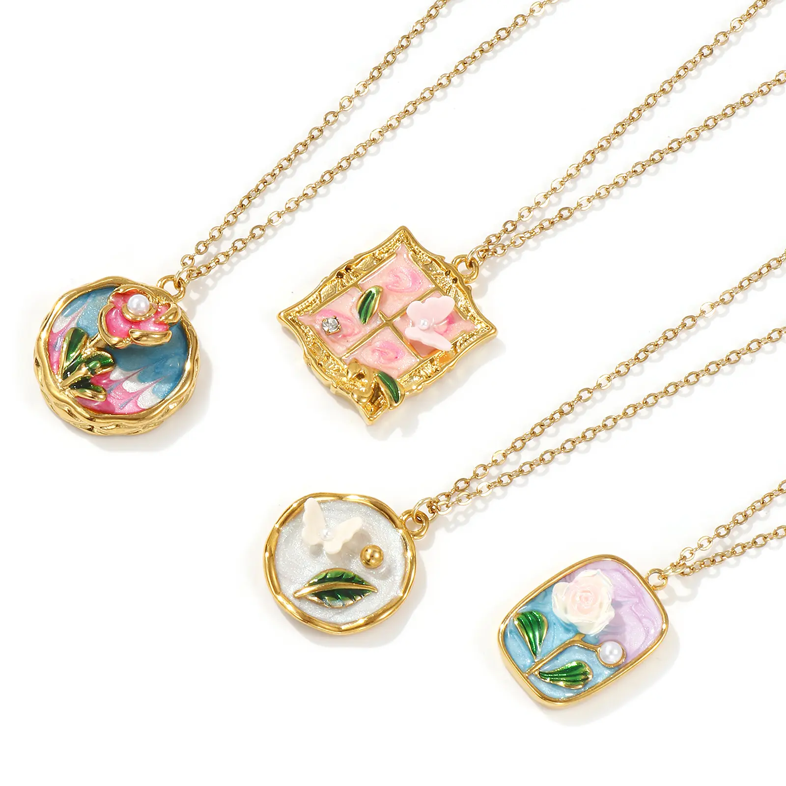 1Piece Retro Necklace 18K Real Gold Plated 304 Stainless Steel & Acrylic Link Cable Chain Painting Enamel Pendant For Women Gift
