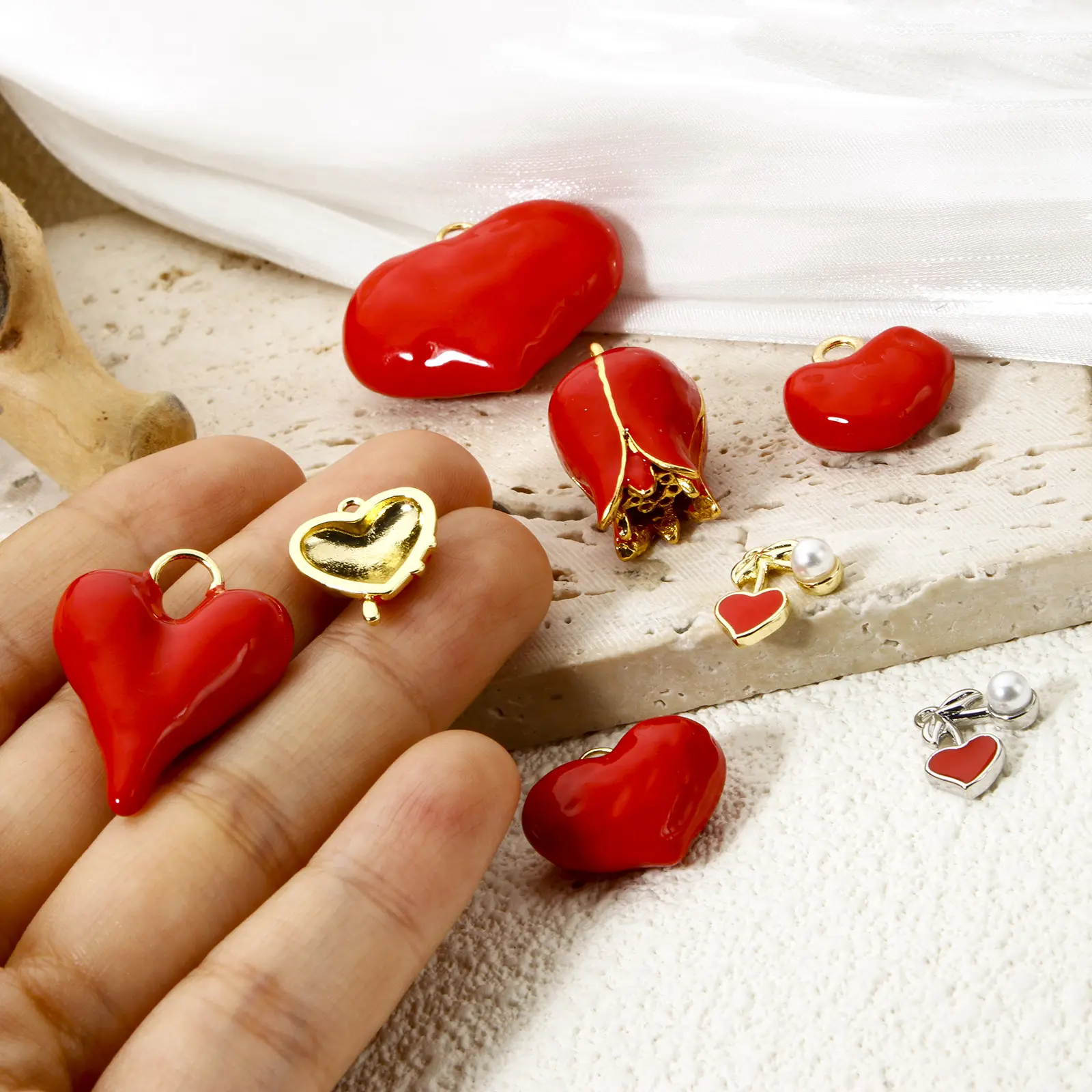 1 Piece Brass 3D Charms Red Heart Flower Pendants Valentine's Day For DIY Jewelry Making Necklace Findings