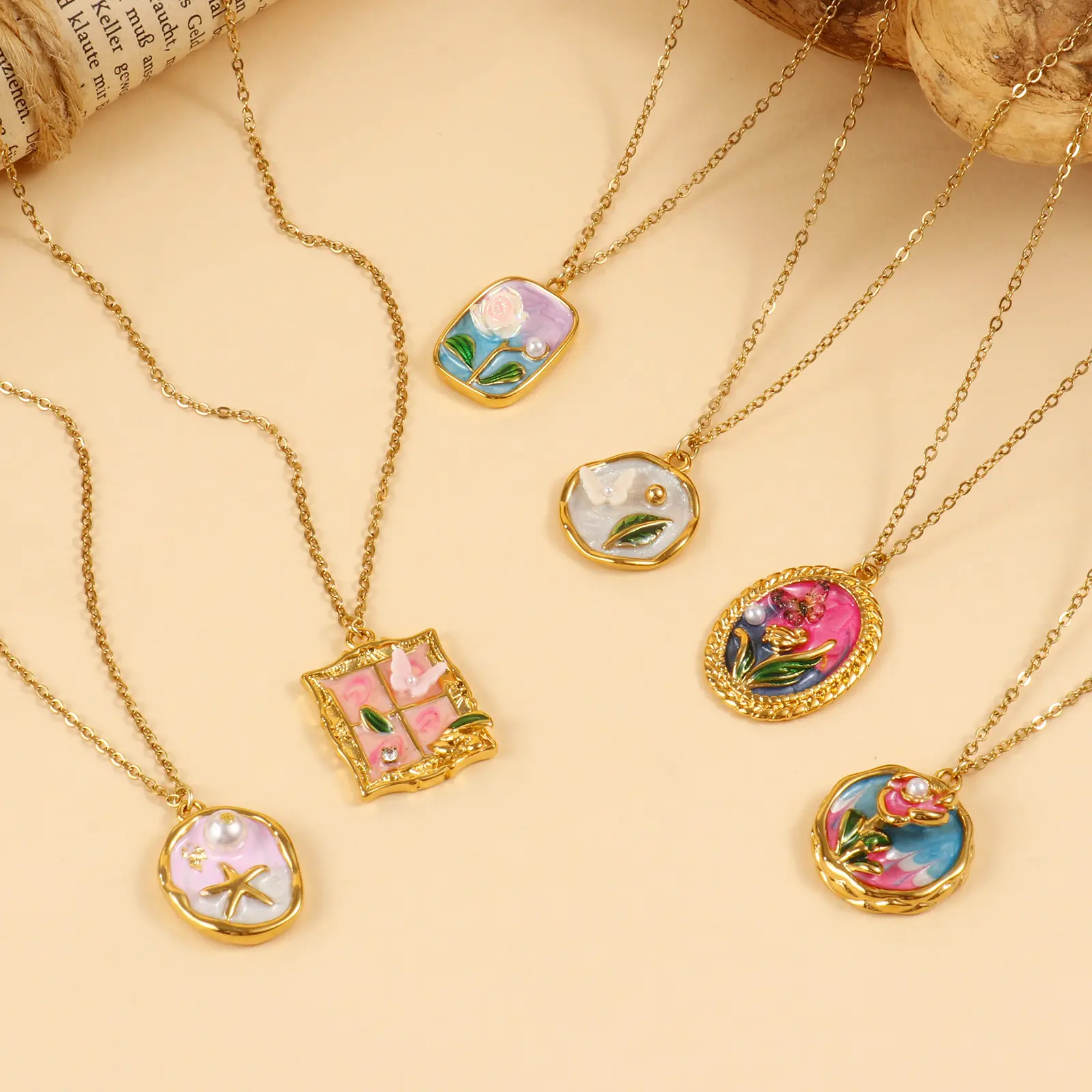 1Piece Retro Necklace 18K Real Gold Plated 304 Stainless Steel & Acrylic Link Cable Chain Painting Enamel Pendant For Women Gift