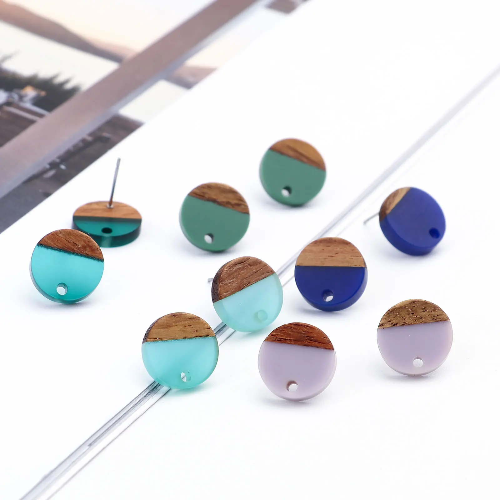 6PCs/lot Natural Wood Effect Resin Ear Post Resin Round Stud Earrings For Women DIY Making Accessories Earrings Jewelry 14mm