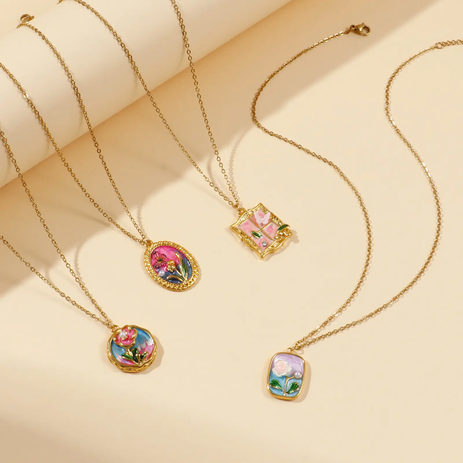 1Piece Retro Necklace 18K Real Gold Plated 304 Stainless Steel & Acrylic Link Cable Chain Painting Enamel Pendant For Women Gift