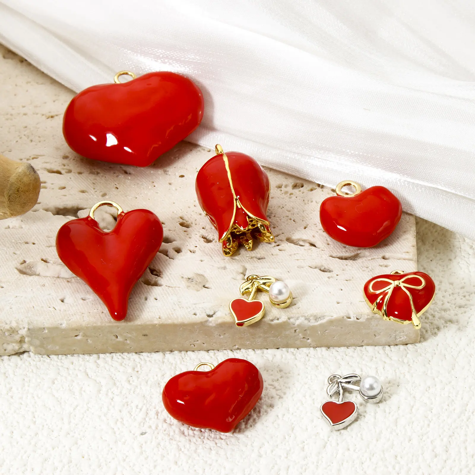 1 Piece Brass 3D Charms Red Heart Flower Pendants Valentine's Day For DIY Jewelry Making Necklace Findings