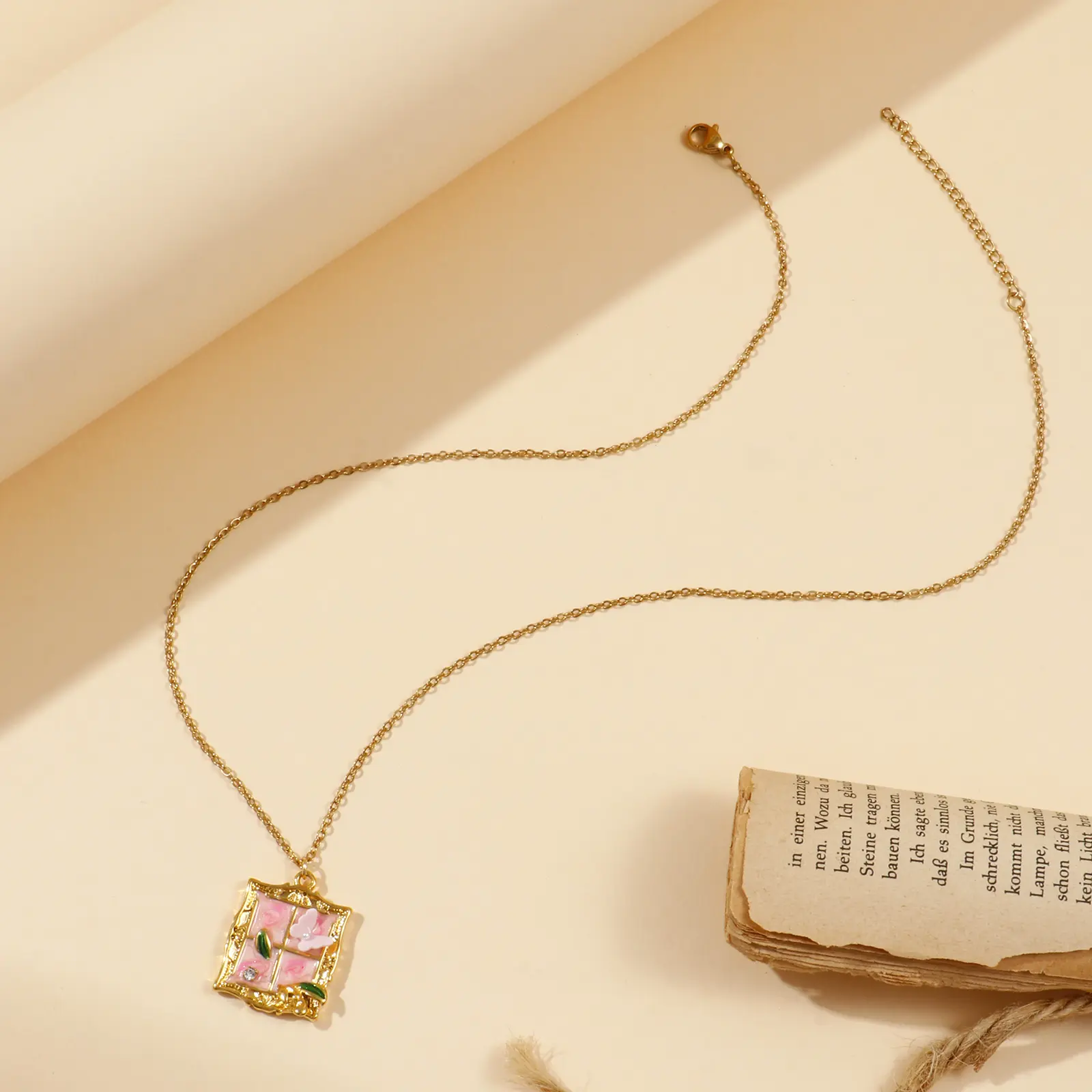 1Piece Retro Necklace 18K Real Gold Plated 304 Stainless Steel & Acrylic Link Cable Chain Painting Enamel Pendant For Women Gift