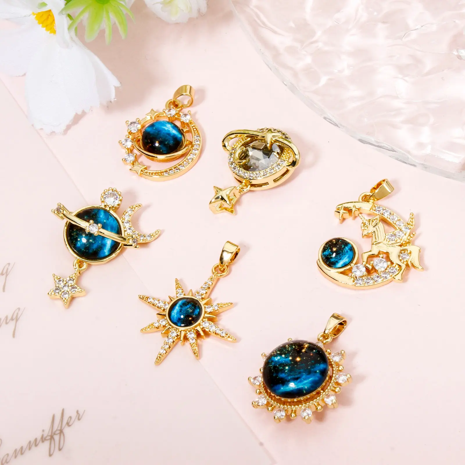 1 Piece Brass Galaxy Charms Gold Plated Blue Glass Cubic Zirconia Star Sun Moon Pendant For DIY Necklace Bracelet Jewelry Making