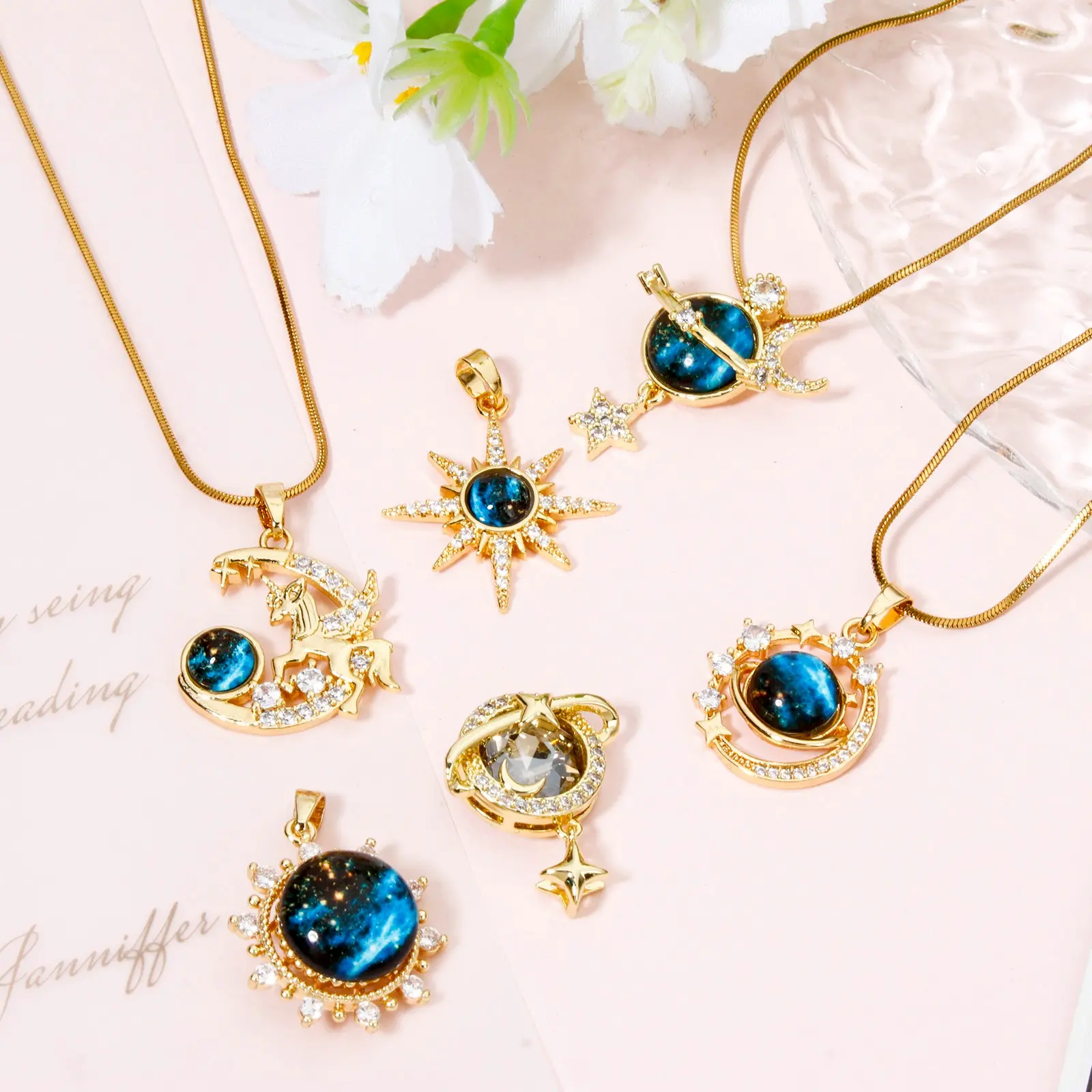 1 Piece Brass Galaxy Charms Gold Plated Blue Glass Cubic Zirconia Star Sun Moon Pendant For DIY Necklace Bracelet Jewelry Making