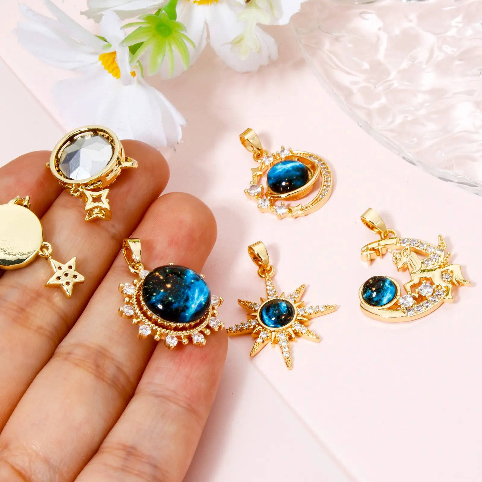 1 Piece Brass Galaxy Charms Gold Plated Blue Glass Cubic Zirconia Star Sun Moon Pendant For DIY Necklace Bracelet Jewelry Making