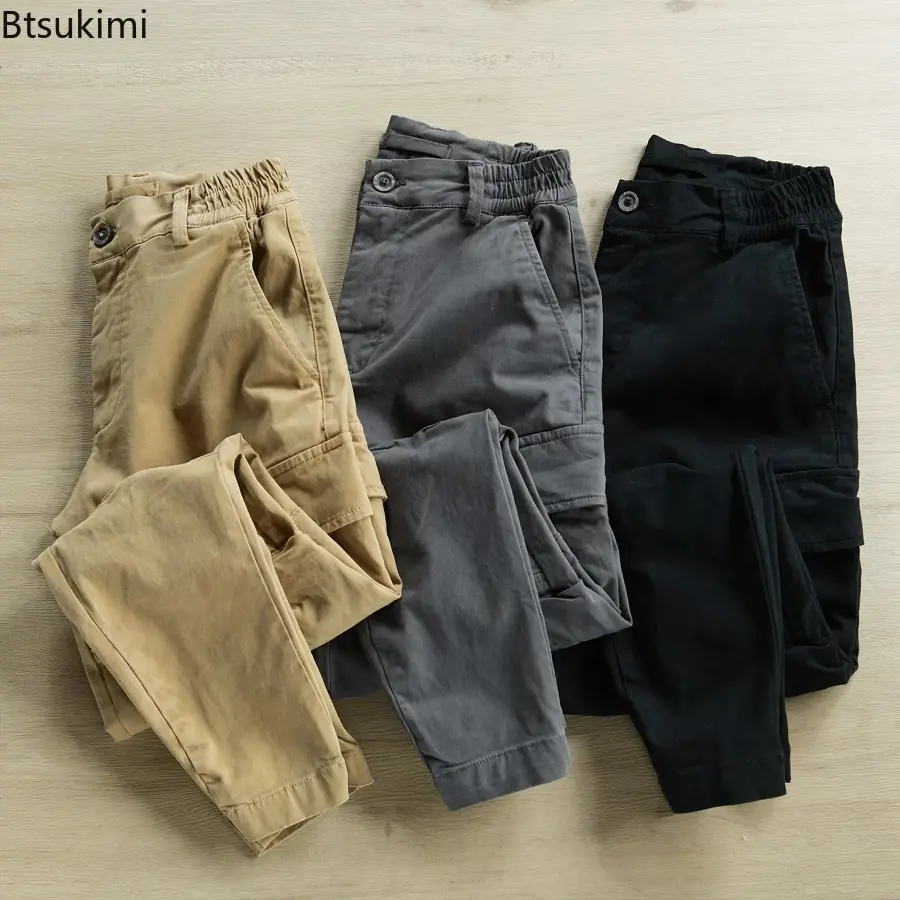 2025 Fashion Multi-pockets Cargo Pants for Men Solid Retro Loose Casual Work Wear Trousers Elasic Waist Design Joggers Men Pants