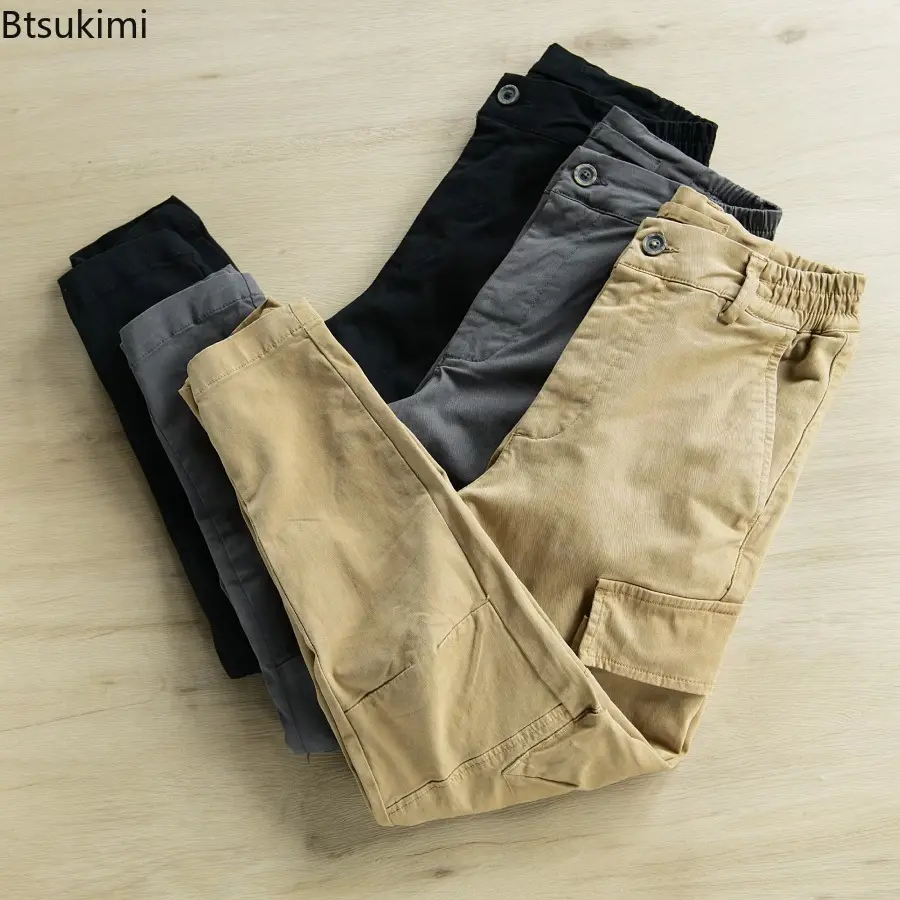 2025 Fashion Multi-pockets Cargo Pants for Men Solid Retro Loose Casual Work Wear Trousers Elasic Waist Design Joggers Men Pants