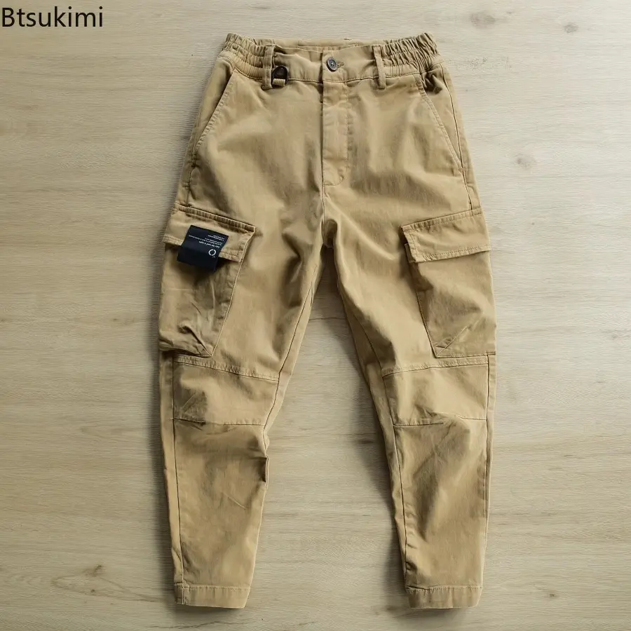 2025 Fashion Multi-pockets Cargo Pants for Men Solid Retro Loose Casual Work Wear Trousers Elasic Waist Design Joggers Men Pants