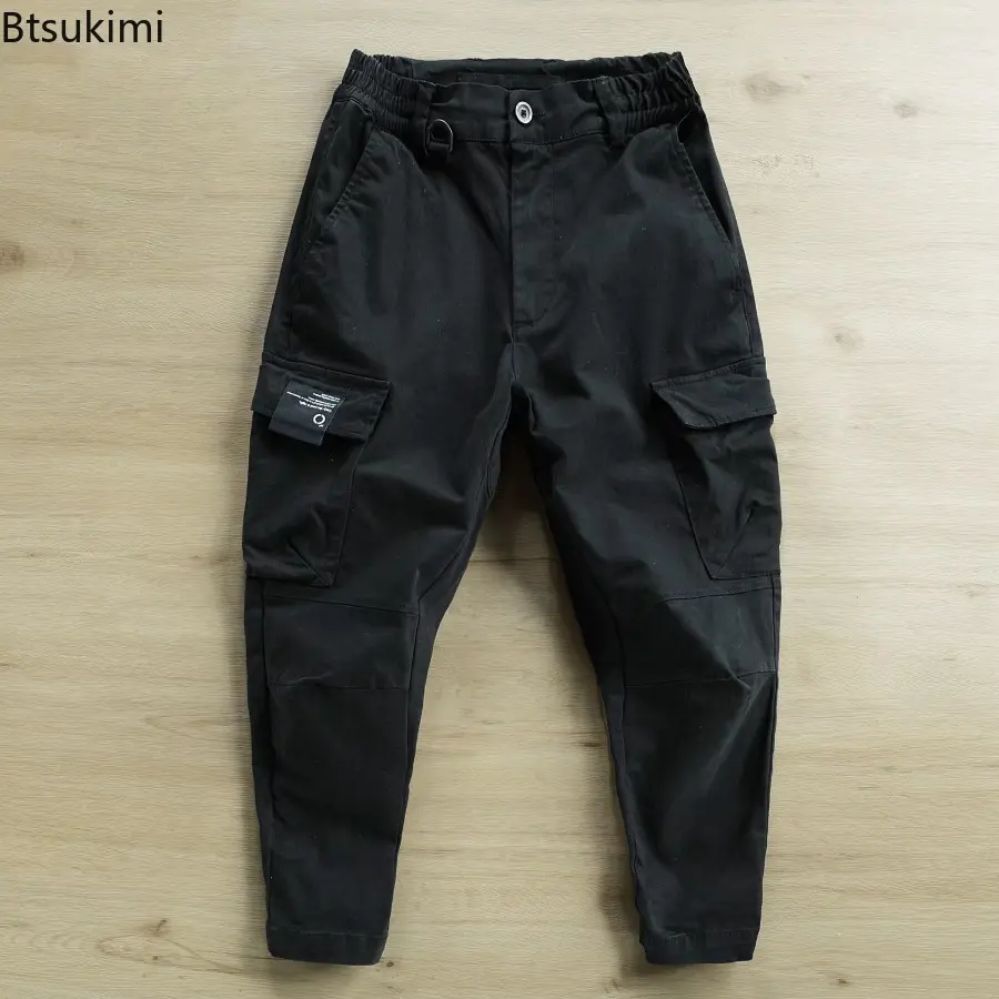 2025 Fashion Multi-pockets Cargo Pants for Men Solid Retro Loose Casual Work Wear Trousers Elasic Waist Design Joggers Men Pants