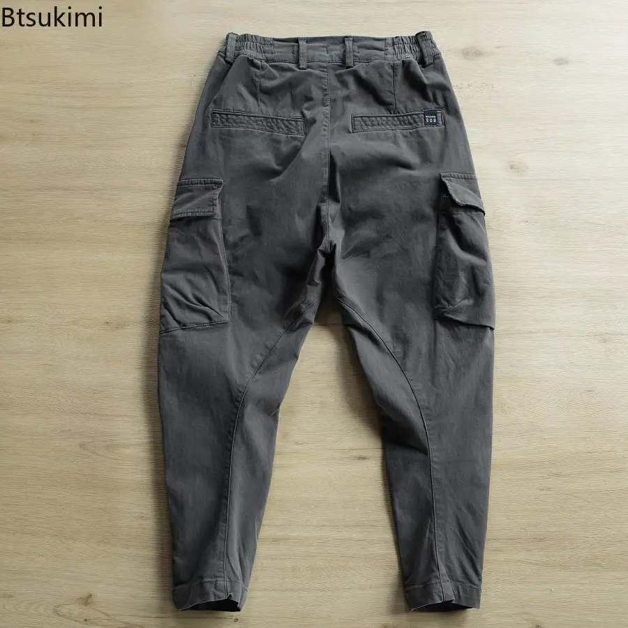 2025 Fashion Multi-pockets Cargo Pants for Men Solid Retro Loose Casual Work Wear Trousers Elasic Waist Design Joggers Men Pants