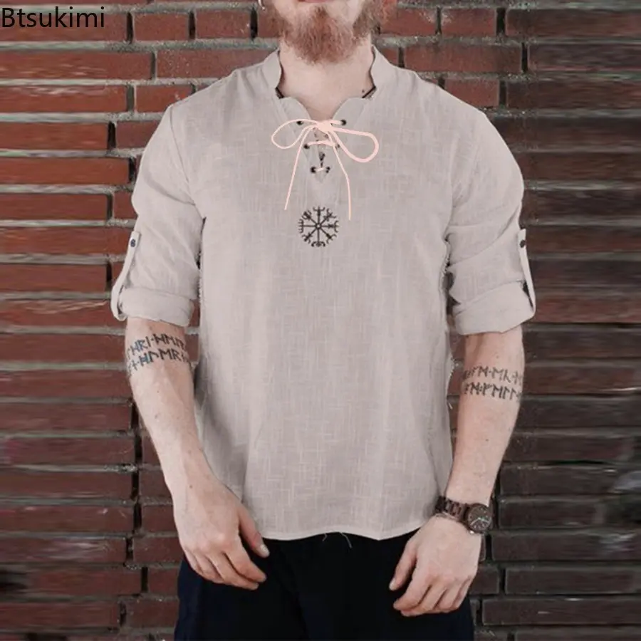 Cotton and Linen Fashion Embroidery Long and Short Sleeves Stand Up Collar Shirt for Men Solid Color Stand Up Collar Shirt Male