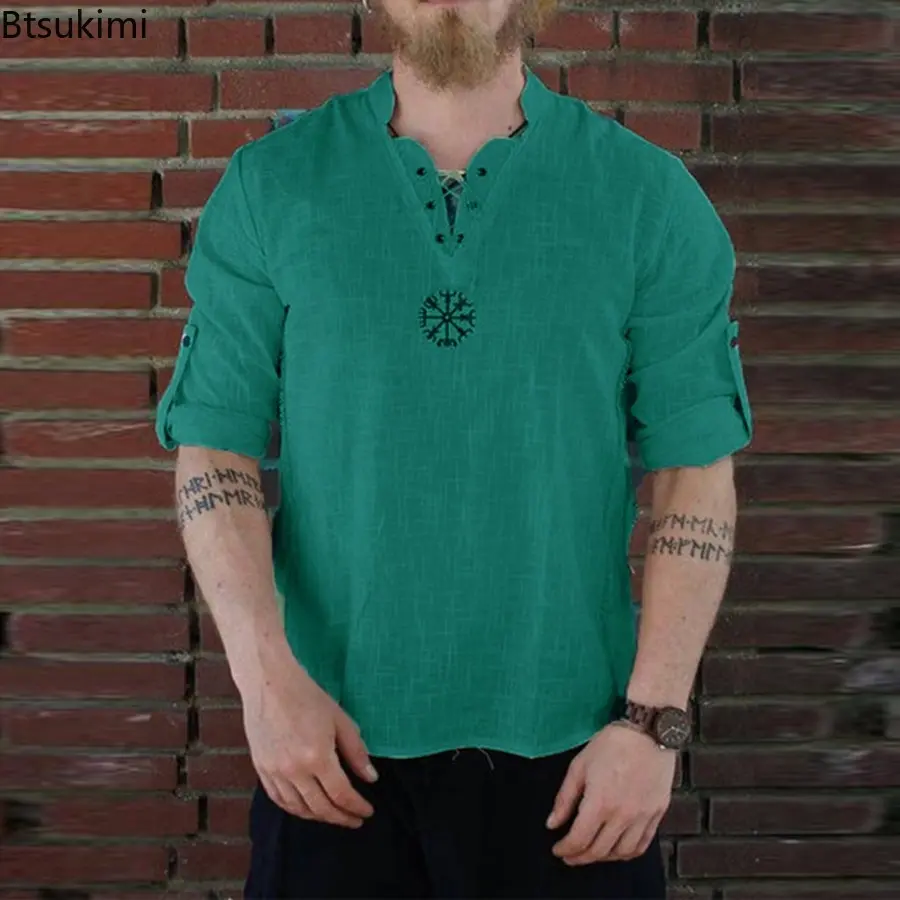 Cotton and Linen Fashion Embroidery Long and Short Sleeves Stand Up Collar Shirt for Men Solid Color Stand Up Collar Shirt Male
