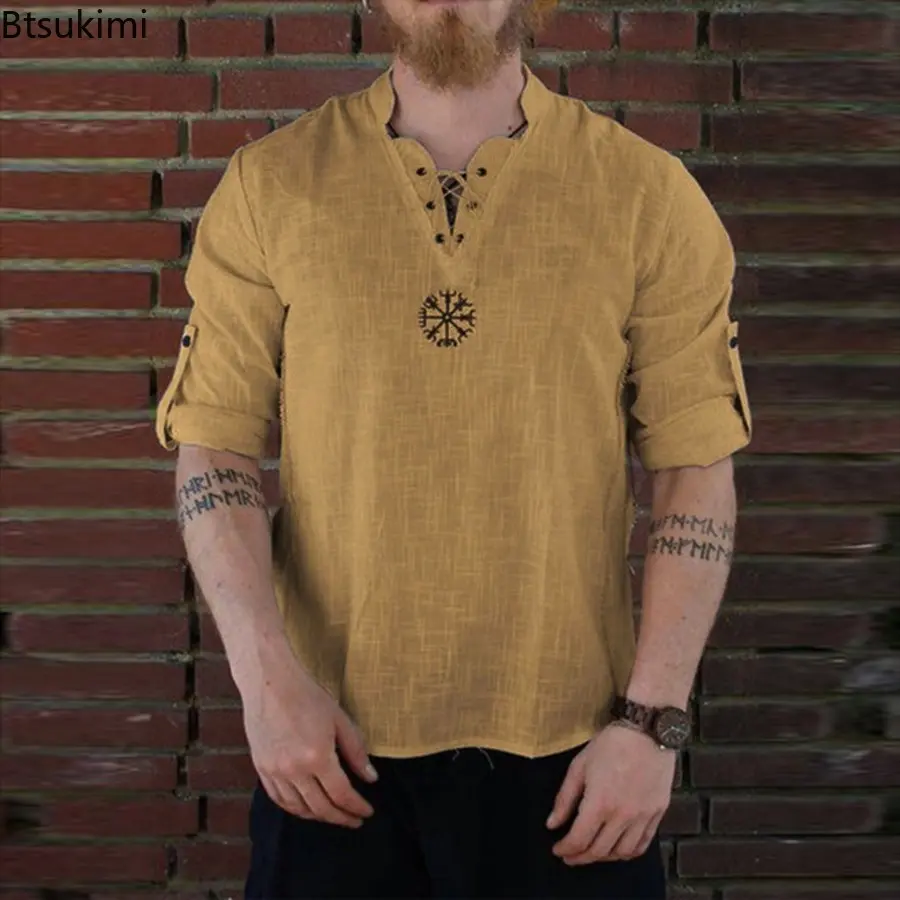 Cotton and Linen Fashion Embroidery Long and Short Sleeves Stand Up Collar Shirt for Men Solid Color Stand Up Collar Shirt Male