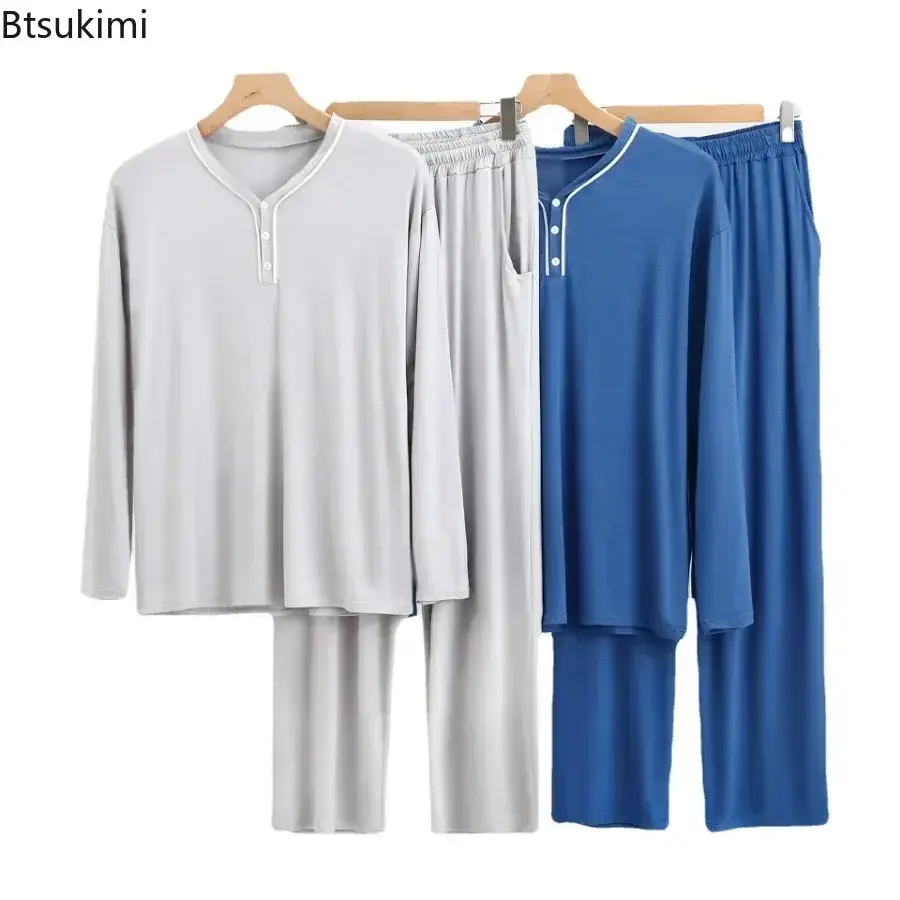 2025 Modal Pajama Sets Men's Long Sleeve Henley Shirt Tops and Pants Home Two Pieces Soft Cozy Sleepwear Outfits Loungewear Male