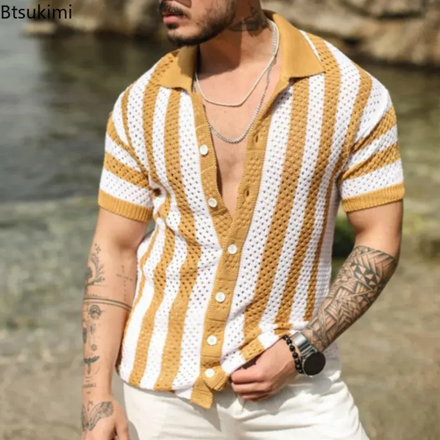 2025 Men's Summer Striped Hollow Out Design Knitted Short-sleeved Polo Shirts Casual Loose Cardigan Tops Male Streetwear T-shirt