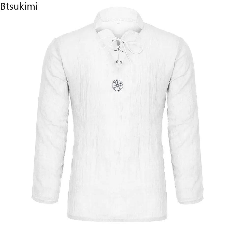 Cotton and Linen Fashion Embroidery Long and Short Sleeves Stand Up Collar Shirt for Men Solid Color Stand Up Collar Shirt Male