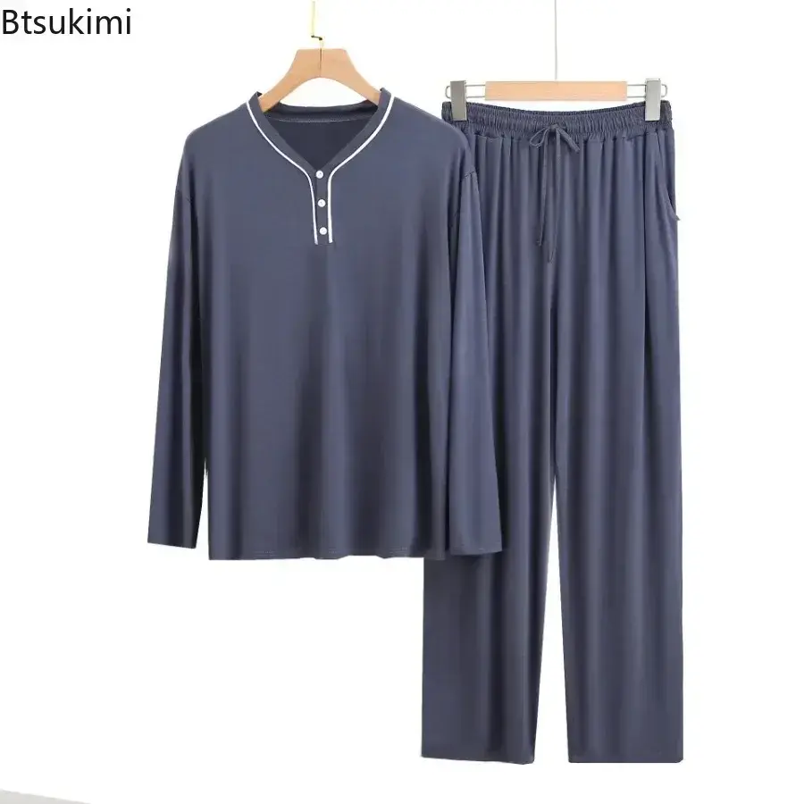 2025 Modal Pajama Sets Men's Long Sleeve Henley Shirt Tops and Pants Home Two Pieces Soft Cozy Sleepwear Outfits Loungewear Male