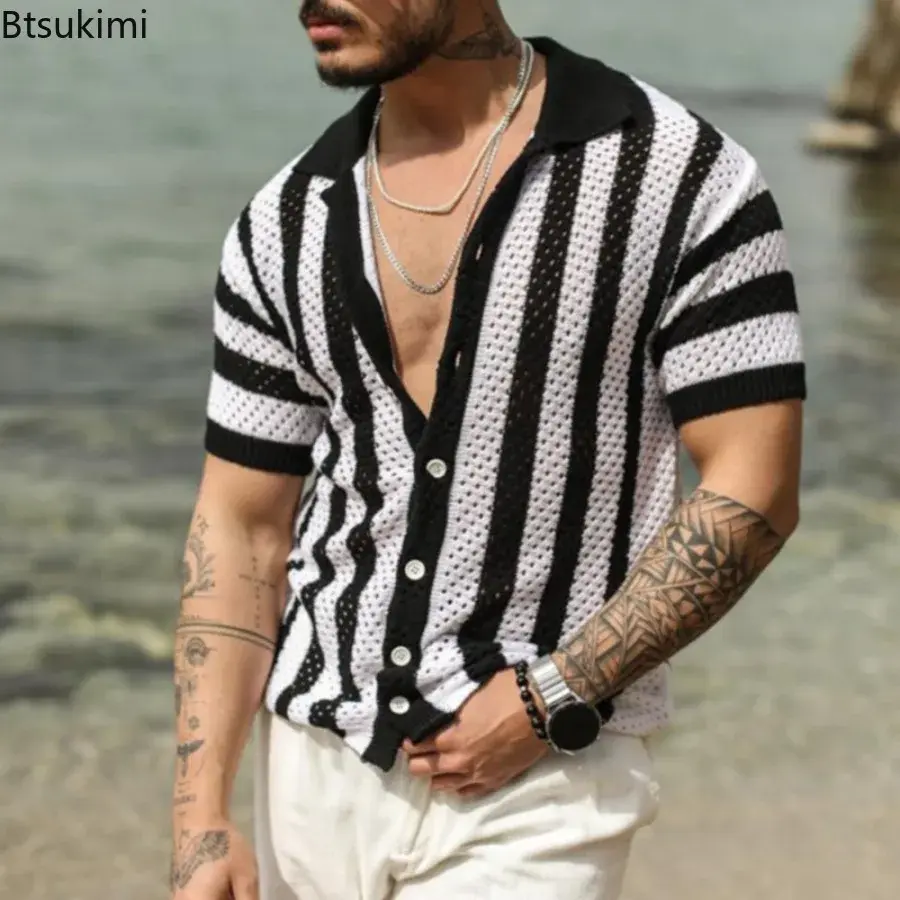 2025 Men's Summer Striped Hollow Out Design Knitted Short-sleeved Polo Shirts Casual Loose Cardigan Tops Male Streetwear T-shirt