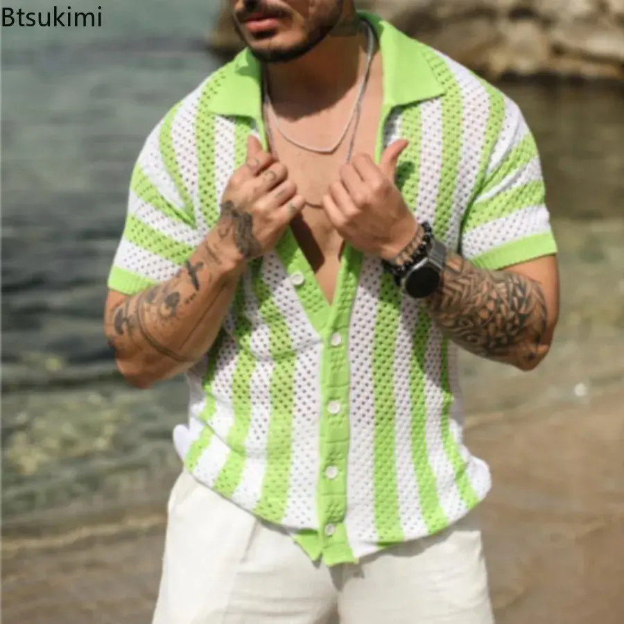 2025 Men's Summer Striped Hollow Out Design Knitted Short-sleeved Polo Shirts Casual Loose Cardigan Tops Male Streetwear T-shirt