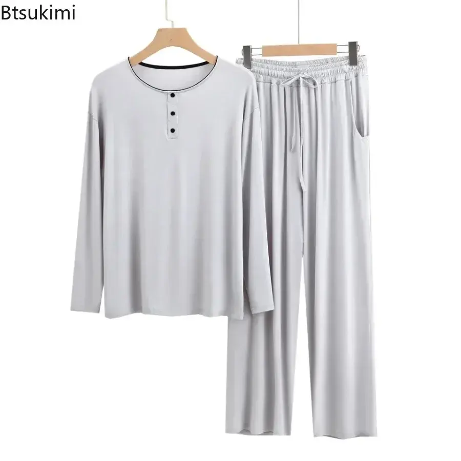 2025 Modal Pajama Sets Men's Long Sleeve Henley Shirt Tops and Pants Home Two Pieces Soft Cozy Sleepwear Outfits Loungewear Male