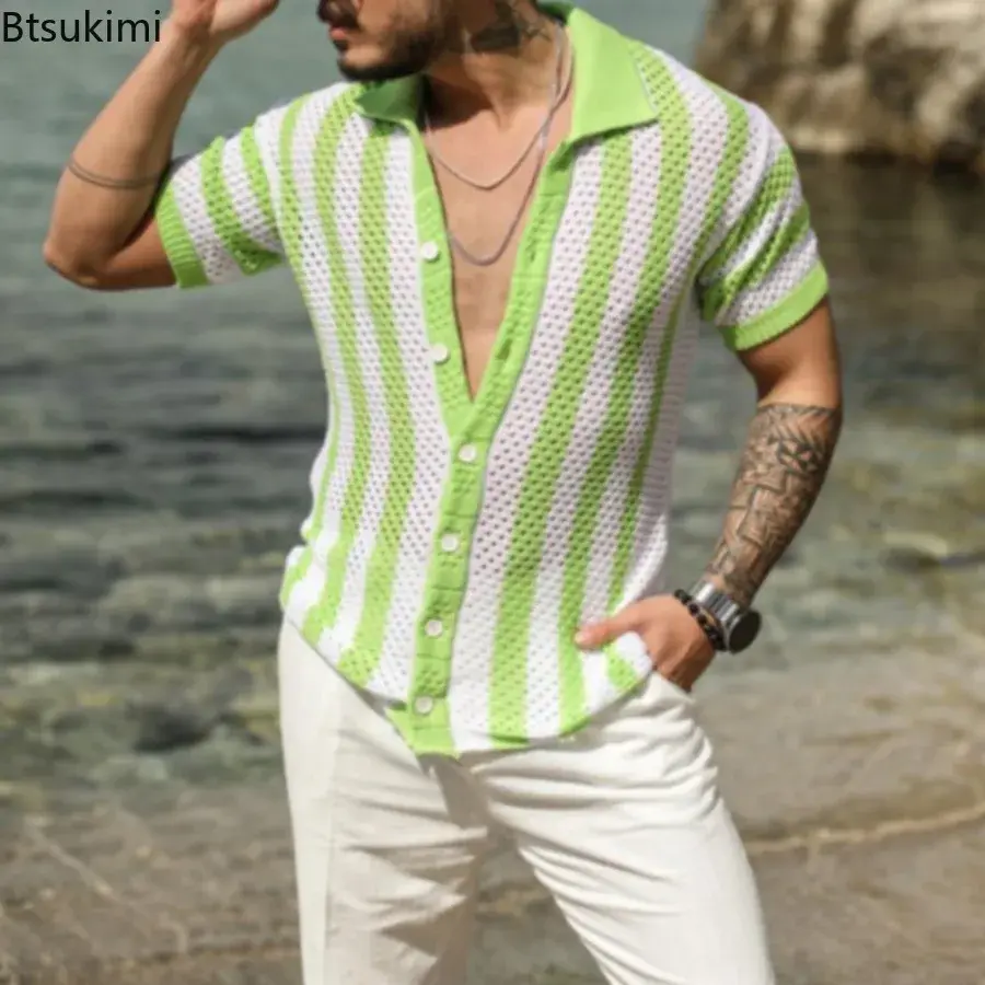 2025 Men's Summer Striped Hollow Out Design Knitted Short-sleeved Polo Shirts Casual Loose Cardigan Tops Male Streetwear T-shirt