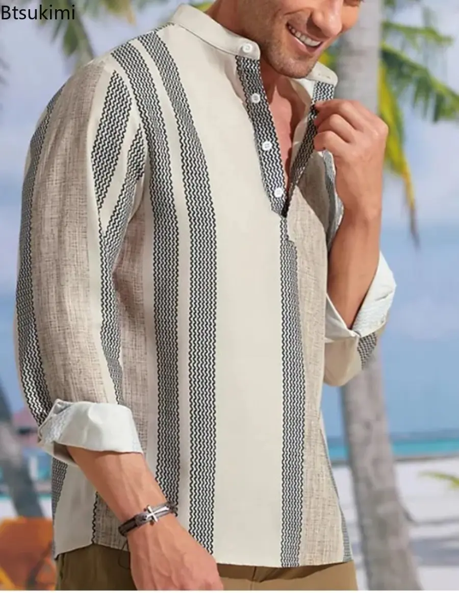 2025 Vintage Striped Printing Casual Shirts for Men Fashion Stand Collar Breathable Cotton Linen Pullover Tops Men Loose Blouses